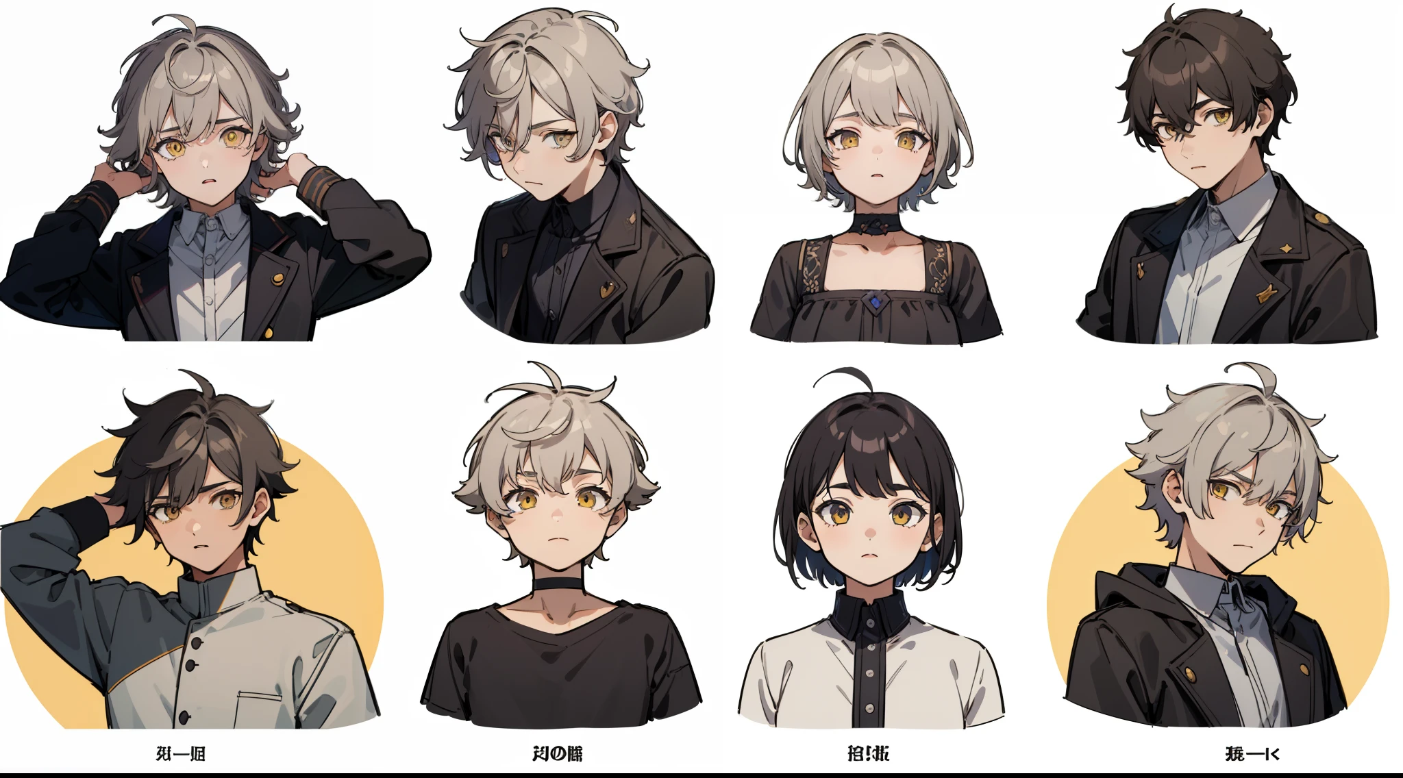 ((Masterpiece, Highest quality)), Detailed face, character sheets, full bodyesbian, 1boys,shoun,children's,Babe, Yellow eyes, Gray hair, short detailed hair, Messy hair, , hair between eye,Black loose blouse, Full of details, Multiple poses and expressions, Highly detailed, Depth, Many parts