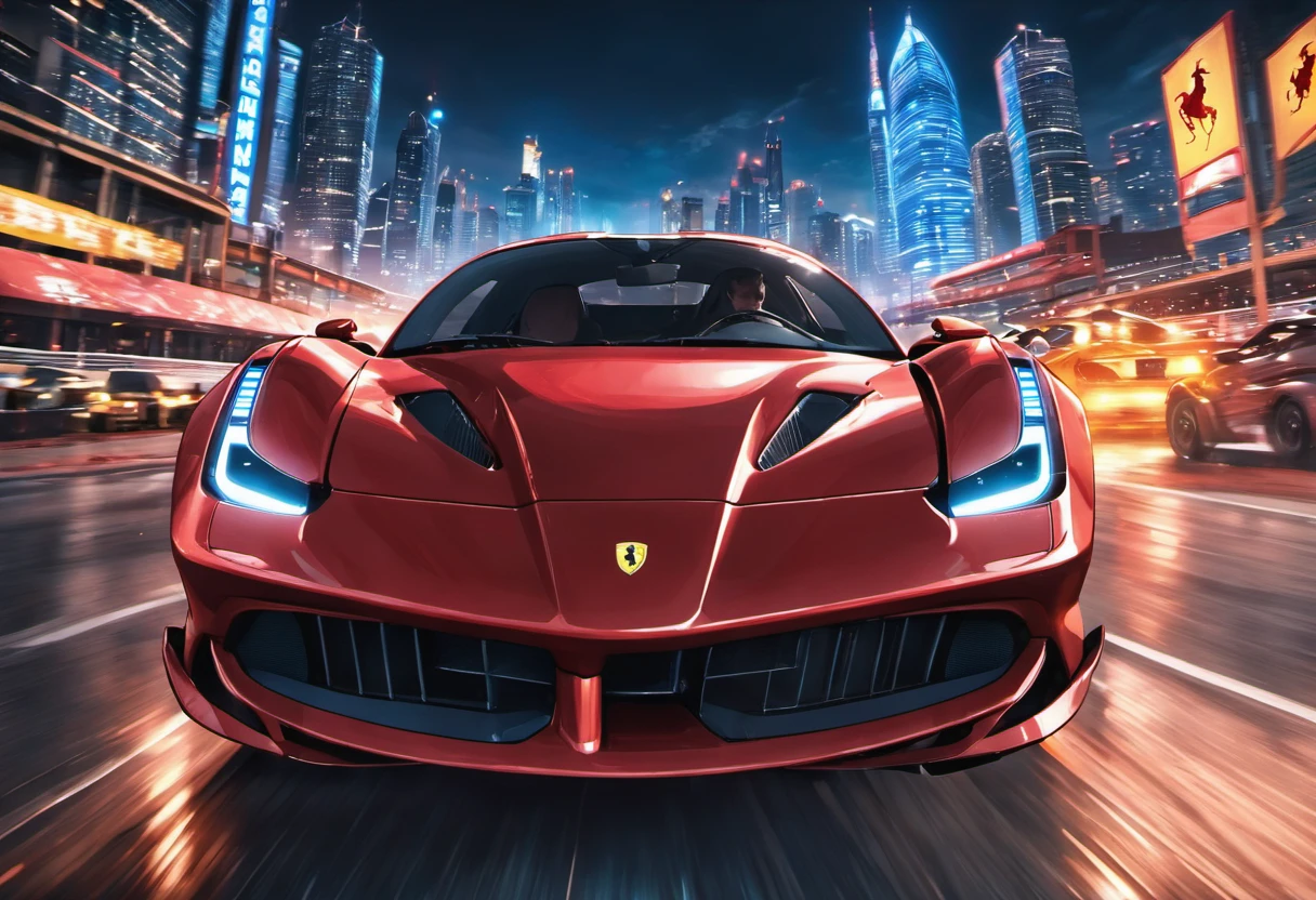 (Best quality, 8k, Masterpiece :1.2), hyper realistic, at a mountain, an detailed red Ferrari 488, Speeding on the highway, (Facing the audience), The blue skyscraper in the background, at night,