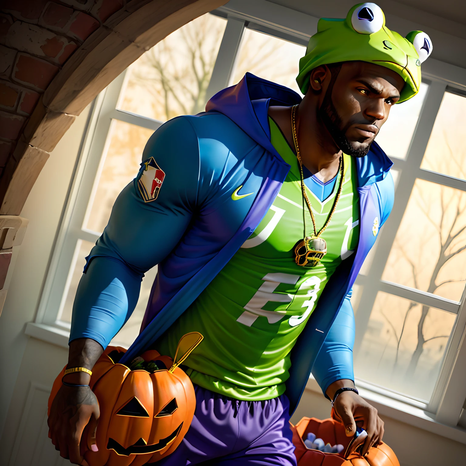 An award winning photography portrait of a halloween black male, pumpkins,  ultra defined big penis, masculine, ghosts in the background, cimitery , consumed fabric in the windfull body in motion, defined body, full body, stunning realistic, mist, raw photograph, defined body,maximalism, octane render, unreal, 8k, depth of field, bokeh, black ink, 8k, hyperreal, 50mm, kodak portra 400, photograph by Martin Schoeller, Natural Light, natural skin, real skin texture