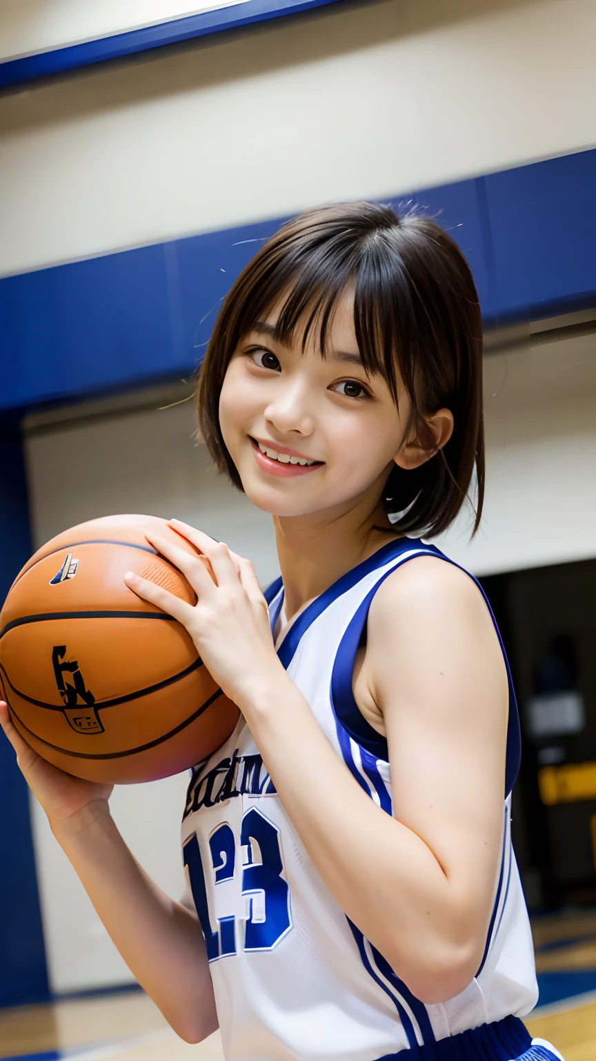 BEST QUALITY, MASTERPIECE, ULTRA HIGH RESOLUTION, (PHOTOREALISTIC:1.4), RAW PHOTO,
(1girl, (-yeld, Jaese number one idol, very short black haired, extremely cute face like a Japanese idol, amazingly beautiful big black eyes, innocent smile), playing basketball on indoor basketball court, upturned beautiful small ass), ((wearing cute patterned bra under sleeveless basketball player's loose uniform)), dynamic pose, looking at viewer, cowboy shot,
detailed face, detailed eyes, detailed hair, detailed uniform, detailed body, detailed hip, detailed thighs