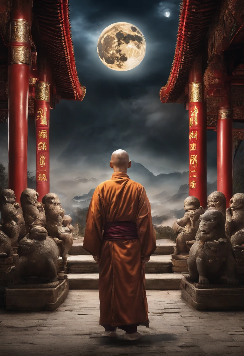 Chinese monk,lion, Divine light, Chinese to pray to heaven, In front of beauty, The moon rises, One hand forward, Relationship with the Buddha Lord, Photo portrait,8K surrealism。
