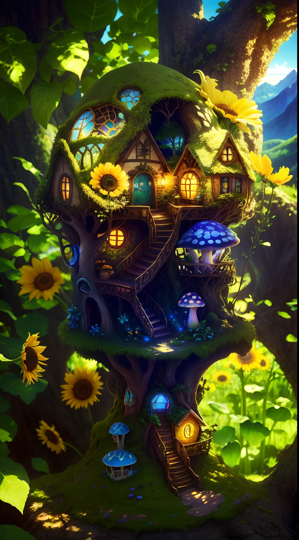 World in a bottle,A fairyland-like hideaway,Colorful mushroom house,a fairy world,summer day,beachside,rios,tree house,Sunflower fields,lavender,mountain ranges,mountain peaks,big trees,