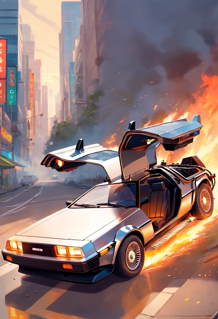 Stop Near Gullwing raised Fully customized DeLorean Back to the Future Car with bumper and spoiler, Fire Sports Paint, neutral background