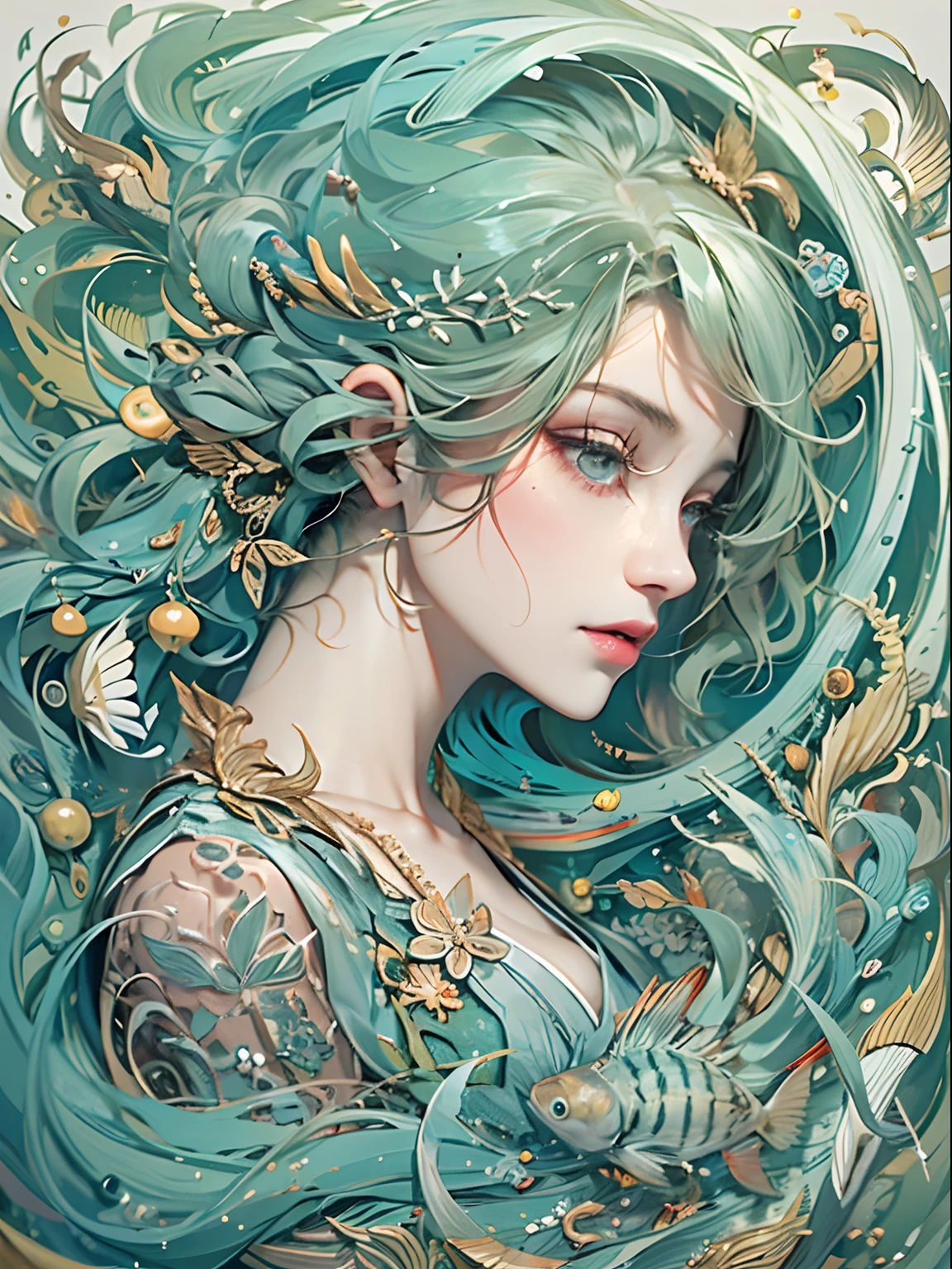 offcial art, Unity 8k壁纸, Ultra-detailed, Beautiful and aesthetically pleasing, tmasterpiece, best qualityer, (zentangle, datura, clew, meshing), (s fractal art: 1.3), 1 mermaid, (Hairstyles: Long hair) Ocean, Extremely detailed, dynamic angle, Cowboy shot, The most beautiful forms of chaos, elegant, Fauvistdesign, vivd colour, romanticism lain, Seafoam, Buble, shells, Fish, pearls，1female，30 age old，Married Woman，熟妇，extremely large ?????， 独奏，revealing ???????，???? ?????????， Bulge，Camel toes，Desire for dissatisfaction，legs separated，???? gesture，