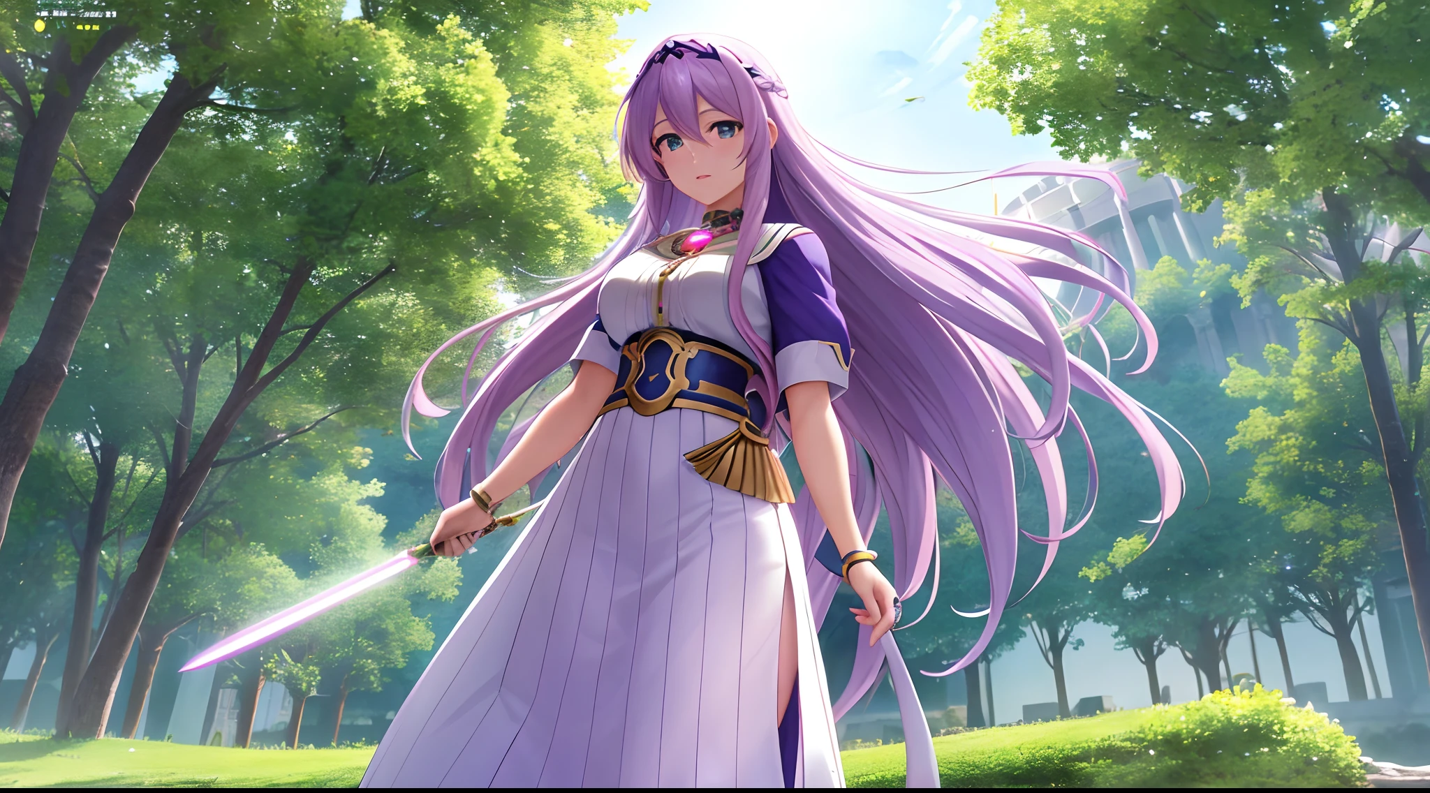 Athena with plain long light purple hair,hair between eyes,green eyes,rosy cheeks,full lips,thin eyebrows,slender body,wearing magical girl uniform and full long skirt,praying beads on neck,cute anime girl,full body,Colloseum in background,anime style,Lumen Reflections,Screen Space Reflections,Diffraction Grading,Chromatic Aberration,GB Displacement,Scan Lines,Ray Traced,Anti-Aliasing,FXAA,TXAA,RTX,SSAO,Shaders,OpenGL-Shaders, GLSL-Shaders,Post Processing,Post-Production,cell Shading,Tone Mapping,CGI,VFX,SFX,insanely detailed and intricate, 4K,standing, solo, masterpiece, best quality, detailed face, detailed eyes, highres, standing, solo,masterpiece, best quality
