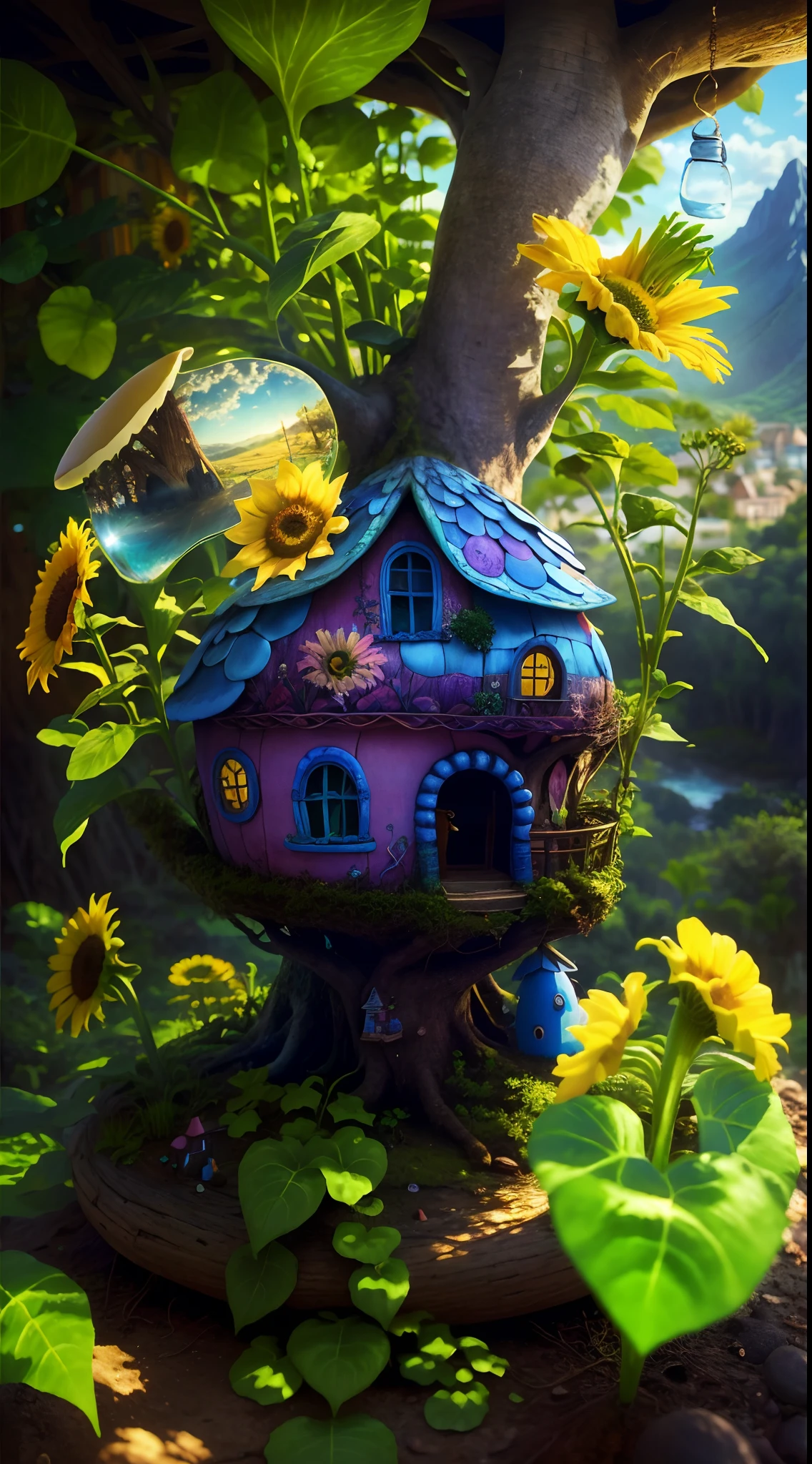 World in a bottle,A fairyland-like hideaway,Colorful mushroom house,a fairy world,summer day,beachside,rios,tree house,Sunflower fields,lavender,mountain ranges,mountain peaks,big trees,