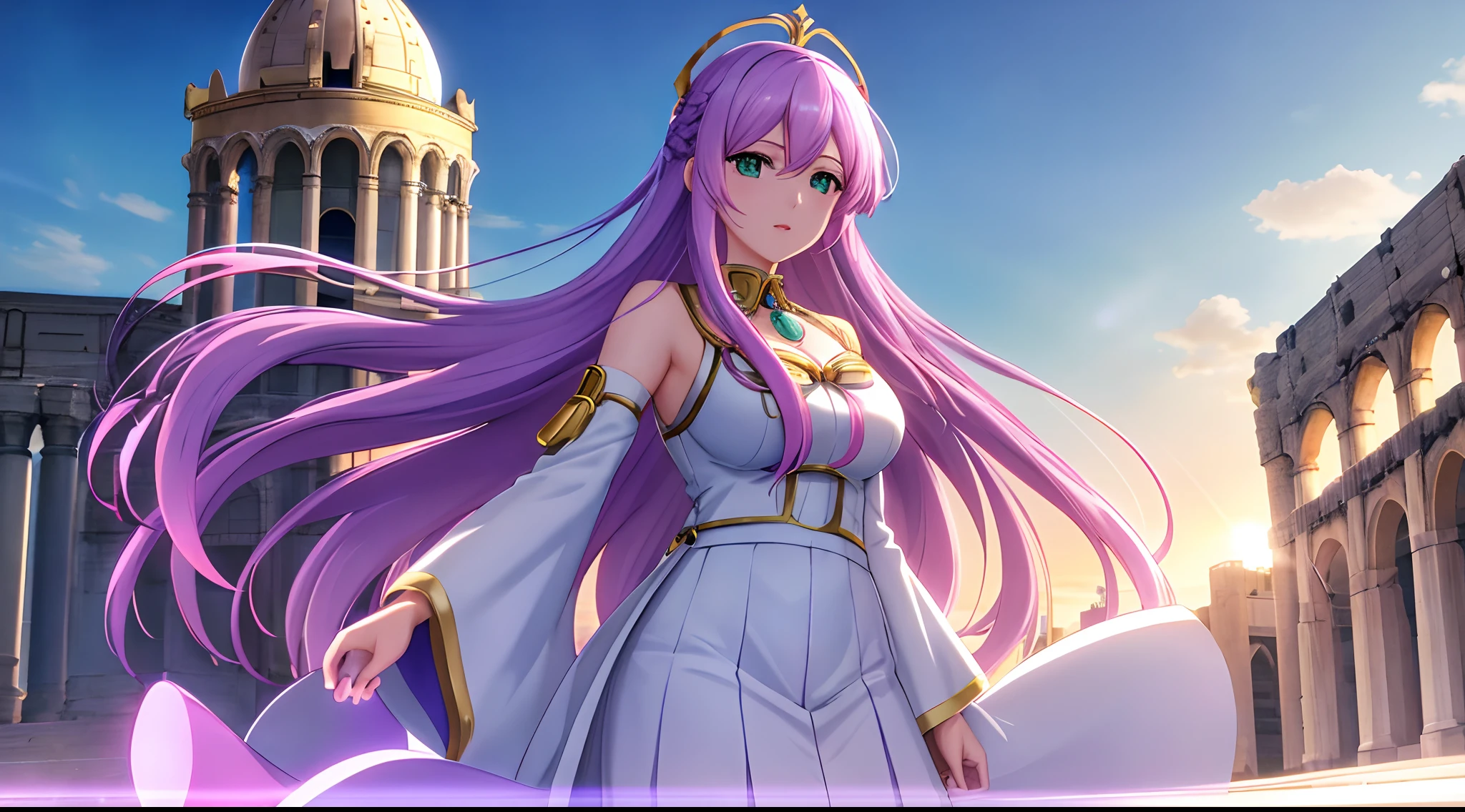 Athena with plain long light purple hair,hair between eyes,green eyes,rosy cheeks,full lips,thin eyebrows,slender body,wearing magical girl uniform and full long skirt,praying beads on neck,cute anime girl,full body,Colloseum in background,anime style,Lumen Reflections,Screen Space Reflections,Diffraction Grading,Chromatic Aberration,GB Displacement,Scan Lines,Ray Traced,Anti-Aliasing,FXAA,TXAA,RTX,SSAO,Shaders,OpenGL-Shaders, GLSL-Shaders,Post Processing,Post-Production,cell Shading,Tone Mapping,CGI,VFX,SFX,insanely detailed and intricate, 4K,standing, solo, masterpiece, best quality, detailed face, detailed eyes, highres, standing, solo,masterpiece, best quality