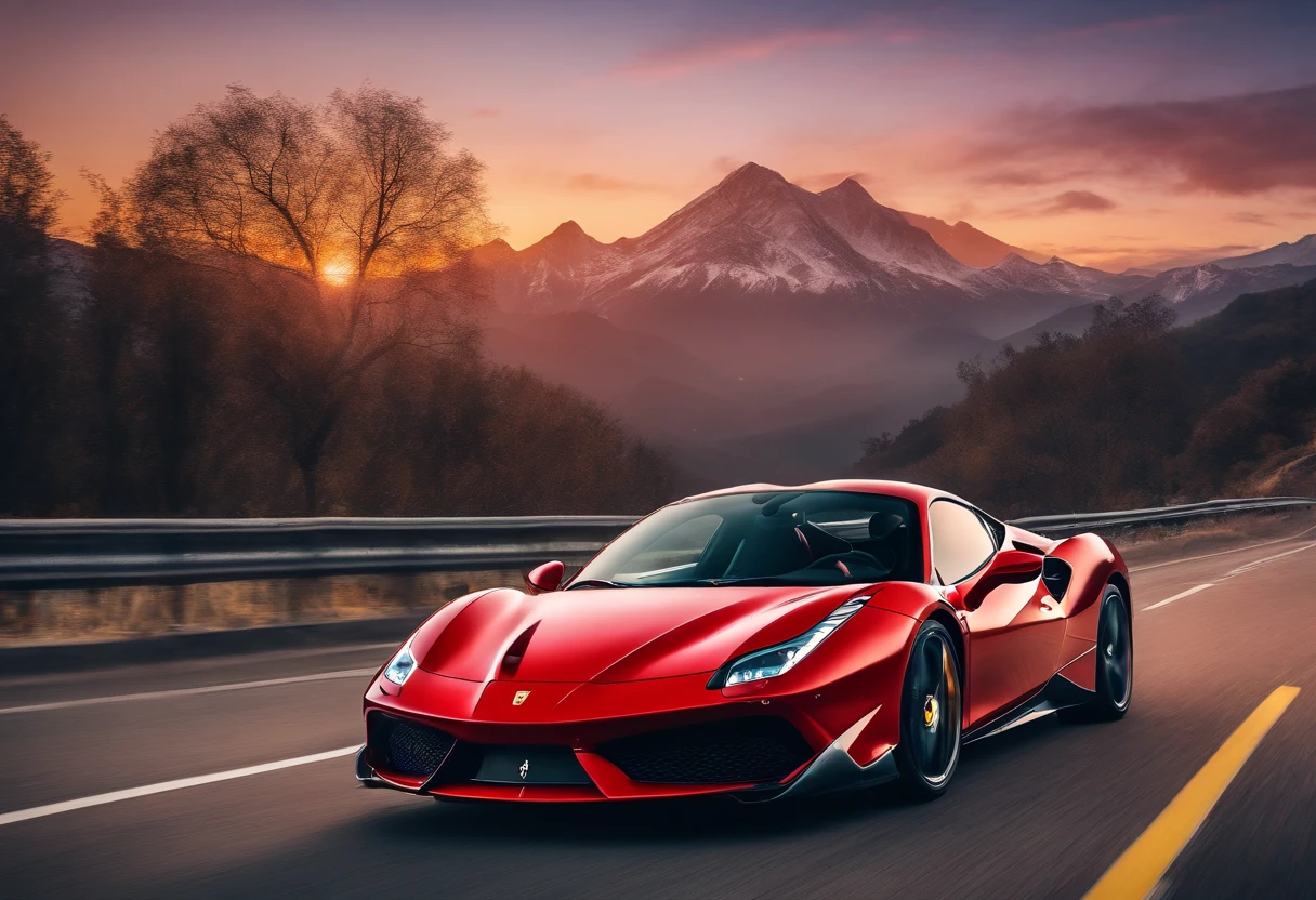 (Best quality, 8k, Masterpiece :1.2), hyper realistic, at a mountain, an detailed red Ferrari 488, Speeding on the highway, (Facing the audience), The blue skyscraper in the background, at night,