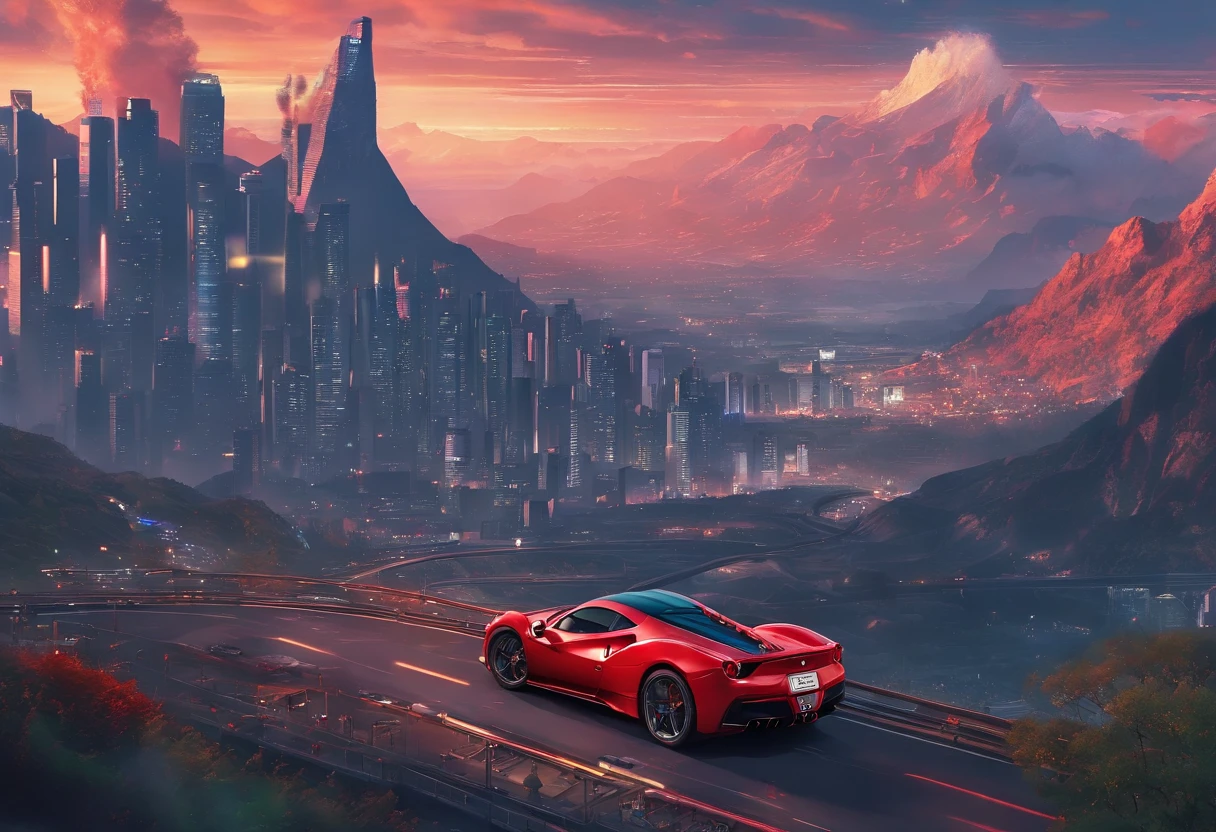(Best quality, 8k, Masterpiece :1.2), hyper realistic, at a mountain, an detailed red Ferrari 488, Speeding on the highway, (Facing the audience), The blue skyscraper in the background, at night,