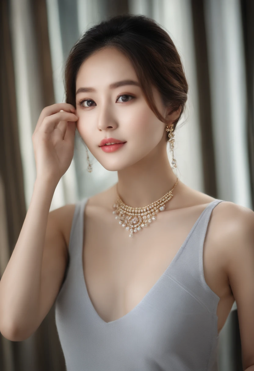 arafed asian woman with a necklace and a gray tank top, beautiful young korean woman, gorgeous young korean woman, beautiful south korean woman, korean girl, a young asian woman, korean woman, young adorable korean face, portrait of female korean idol, young asian girl, beautiful asian girl, young asian woman, young cute wan asian face