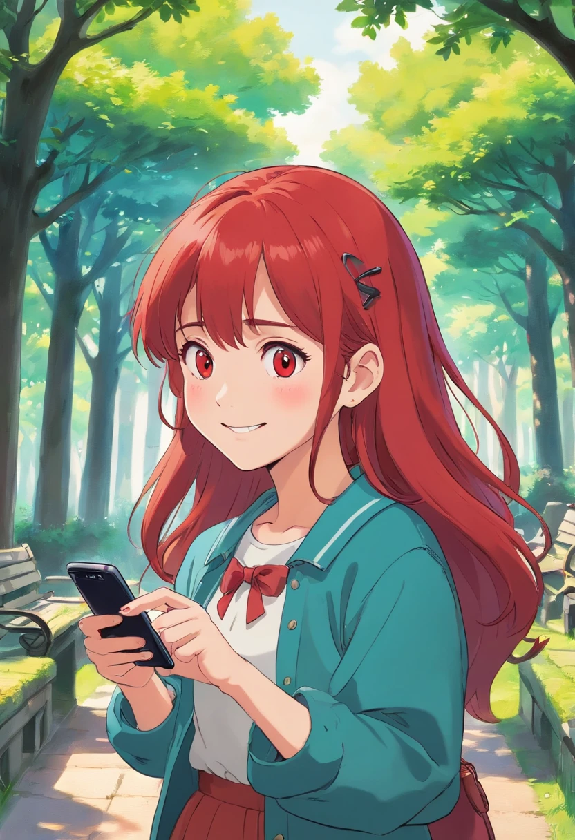 20-year-old woman, long, and red hair, With a depraved face, Wear 80s clothes, she's in the park, A smile, Smartphone, (I have a smartphone)