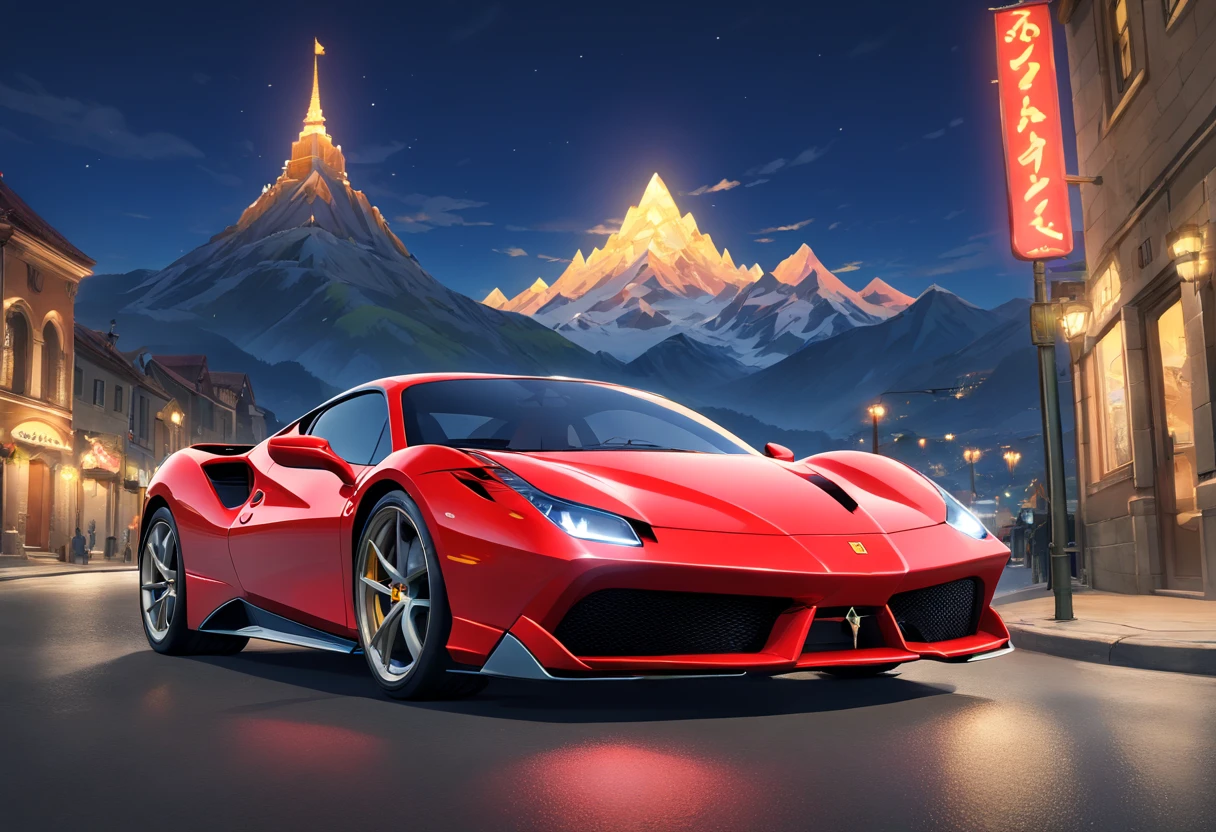 (Best quality, 8k, Masterpiece :1.2), hyper realistic, at a mountain, an detailed red Ferrari 488, Speeding on the highway, (Facing the audience), The blue skyscraper in the background, at night,