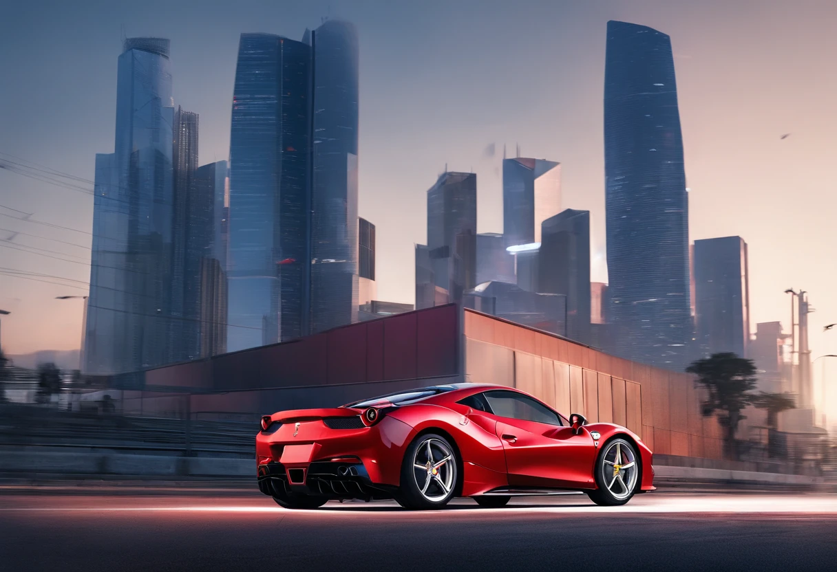 (Best quality, 8k, Masterpiece :1.2), hyper realistic, at a mountain, an detailed red Ferrari 488, Speeding on the highway, (Facing the audience), The blue skyscraper in the background, at night,
