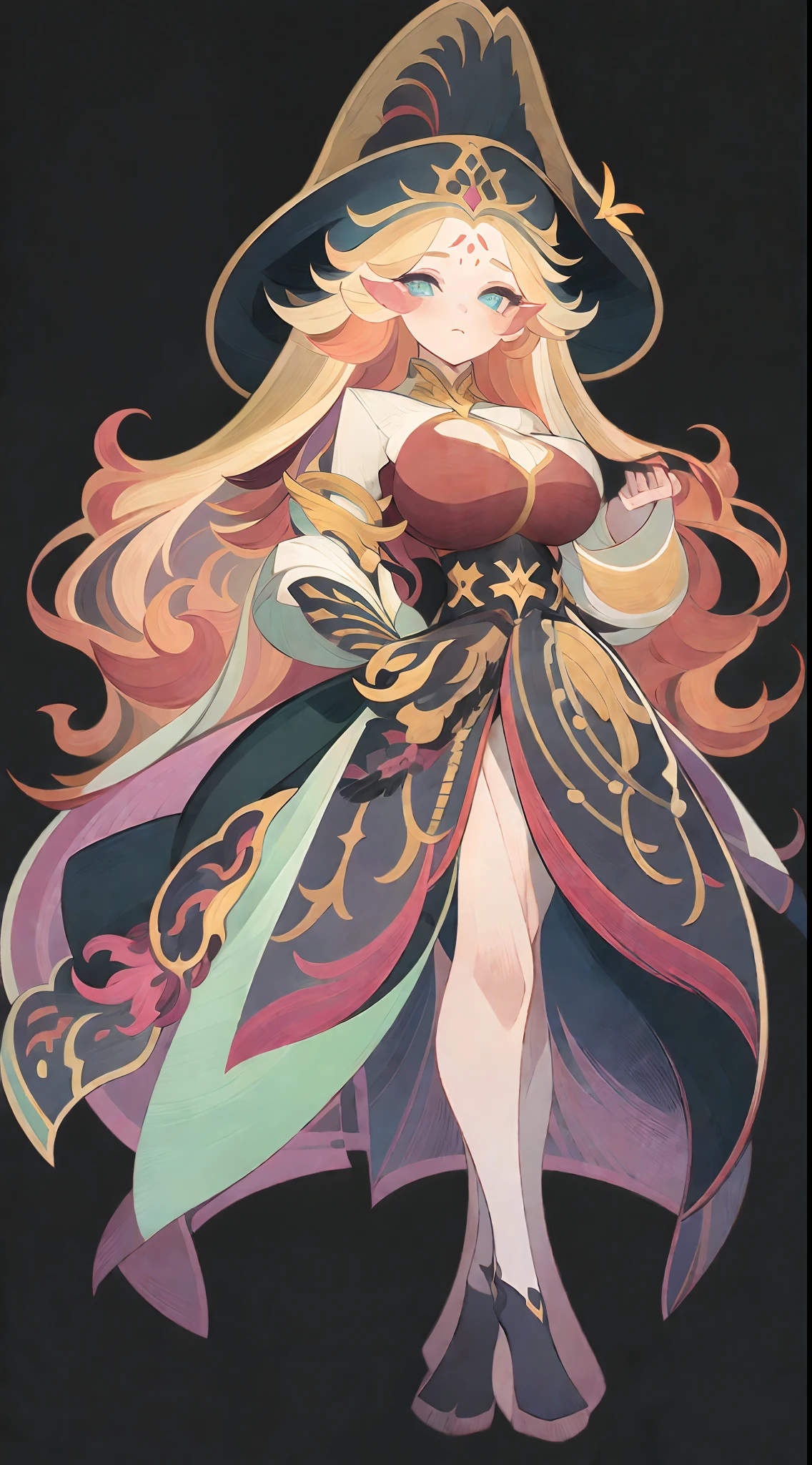 1个Giant Breast Girl，mages，Gorgeous long dress，standing full-body，独奏，Clear facial features，Simple line design，Transparent black background，Standing drawings of characters，Game character card design，fantasy concept art，(tmasterpiece，top Quority，best qualtiy，超高分辨率，Clear facial features，beautidful eyes，beauitful face)，(((独奏))), ((very simple background)), ((flatcolors))