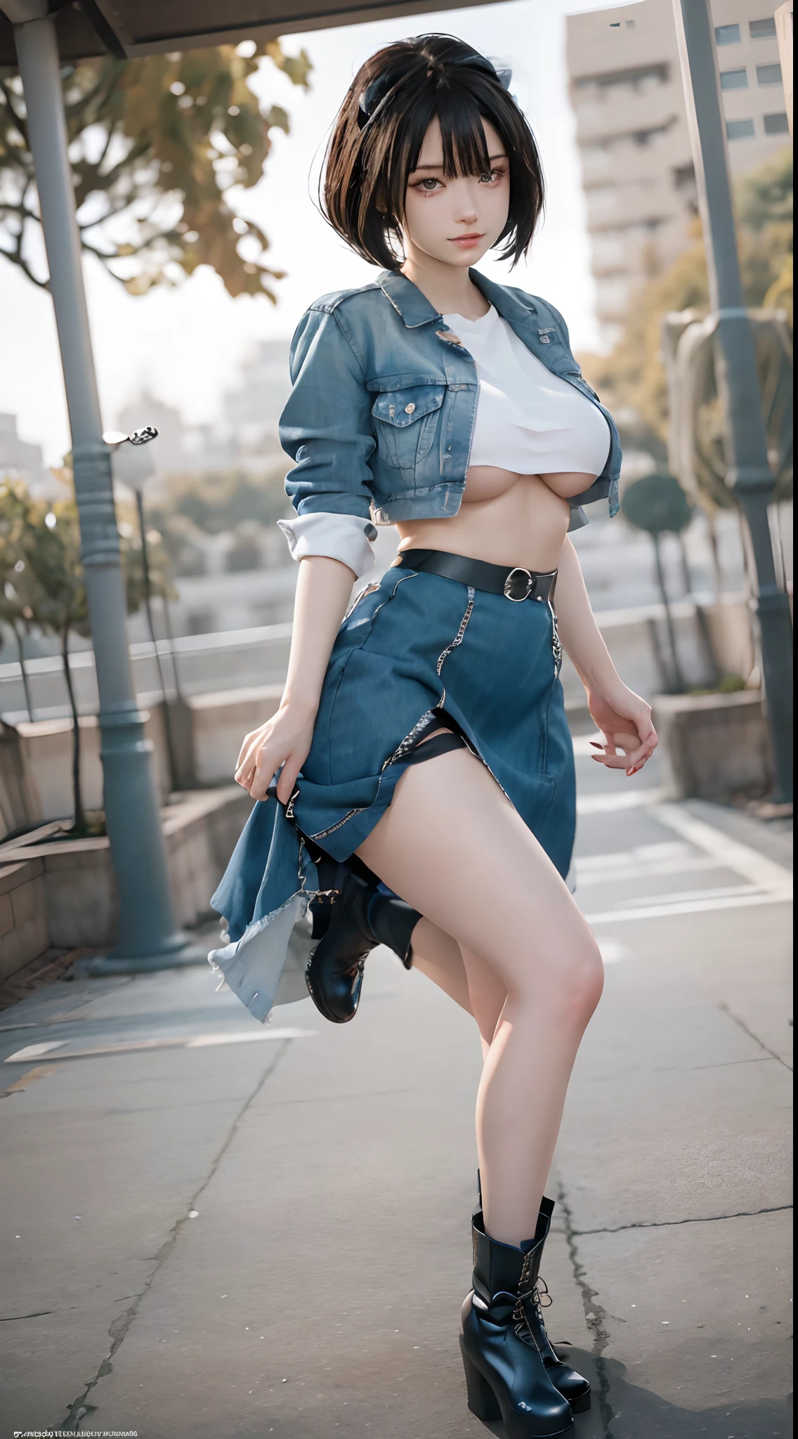 Hyper detailed image, UHD, 16k, professional photo, (Realistic photo of Android-18 from Dragon Ball Z) girl Goddess of beauty, charming, very straight short blonde hair, a strand of hair between her eyes, serious facial expression, (( she wears a blue denim jacket and a white cropped shirt, short white underground showing her chest meat)), erotic open denim jacket showing her impressive, beautiful and perfect big breasts, ((natural sagging breasts, breasts, ultragiant pointed long breasts coming out of the jacket)) full breasts, large body, thin, curvaceous, pert ass, she wears a belt and a (((blue denim skirt raised she doesn't wear panties, pussy exposed, pubic hair exposed, lifting her skirt with her hand ))), thick legs open, smiling showing thong stuck in pussy, flexible body, brown boots, perfect hands and fingers, dark environment, cyberpunk background,
(android-18 cyberpunk style), Official Art, Android-18 Sexy woman, official character art, sexy female protagonist, curved, slim and toned body, legs open, exposed, micro thong stuffed in her pussy:8, Akiri Toriyama, Director: Akira Toriyama, Bulma from Dragon Ball, Best Anime Character Design, Style Akira Toriyama, single character beautiful, half-naked, (great lighting) (pussy, porn, pubic hair), (no panties)
