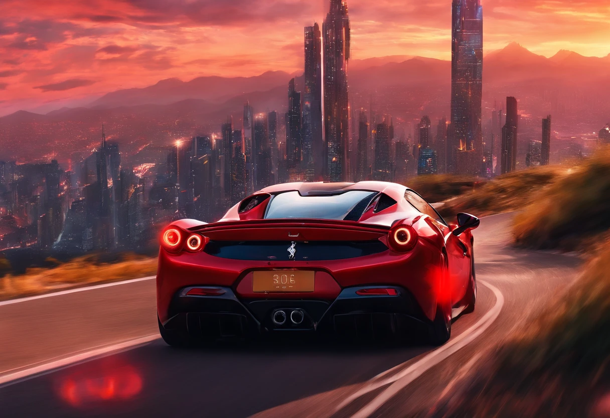 (Best quality, 8k, Masterpiece :1.2), hyper realistic, at a mountain, an detailed red Ferrari 488, Speeding on the highway, (Facing the audience), The blue skyscraper in the background, at night,