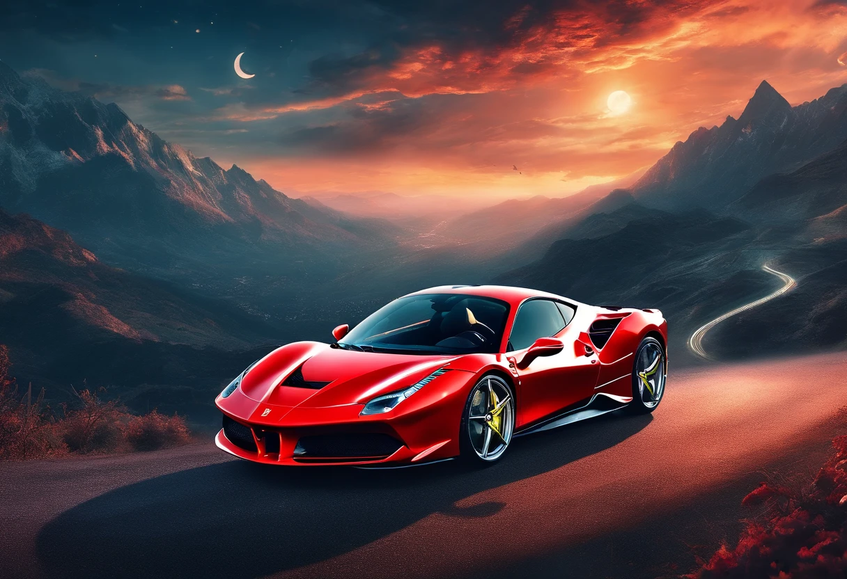 (Best quality, 8k, Masterpiece :1.2), hyper realistic, at a mountain, an detailed red Ferrari 488, Speeding on the highway, (Facing the audience), The blue skyscraper in the background, at night,