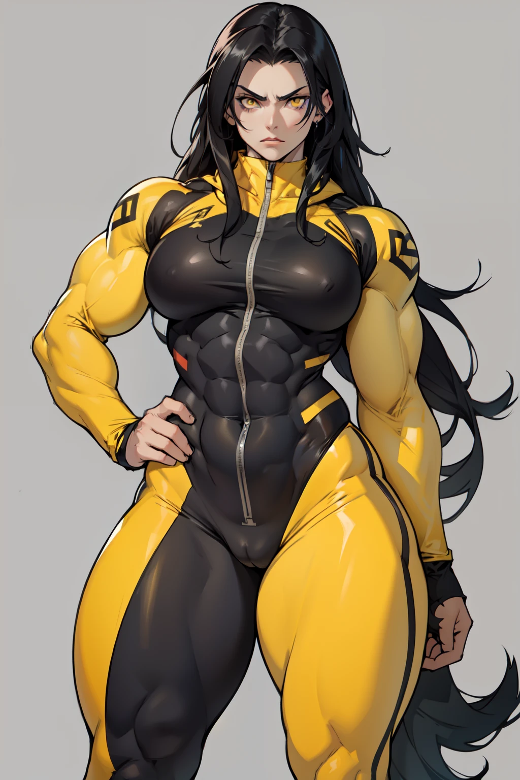 ((grey background)) pale skin black hair yellow eyes (very long hair) angry ((1 girl muscular toned body bodybuilder curvy wide hips thick thighs)) standing bodysuit