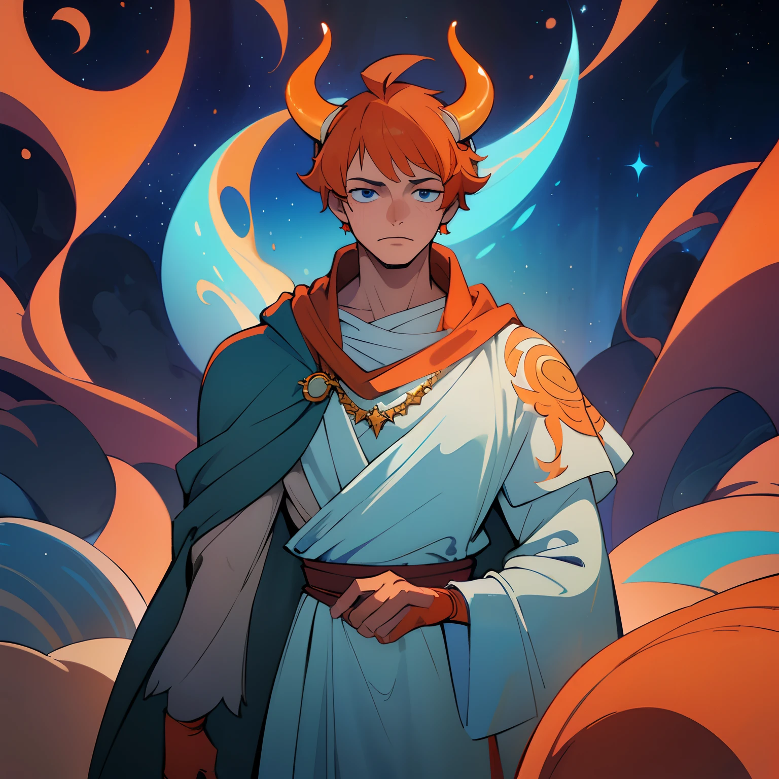 concept art, (1boy, (masterpiece, top quality, best quality, official art, beautiful and aesthetic:1.2),  (orange hair:1.1), eyelashes, short hair, blue eyes, au \(d elete\), white dress, gold jewelry, cloak made of fabric in a starry color, demon horns, background, gloomy sky, (intricate details:0.9), hyperdetailed, complex background, style-swirlmagic, abyssaltech , dark energy, ethereal, dissolving, see-through, abyss,  :1.1),  digital artwork, illustrative, painterly, matte painting, highly detailed