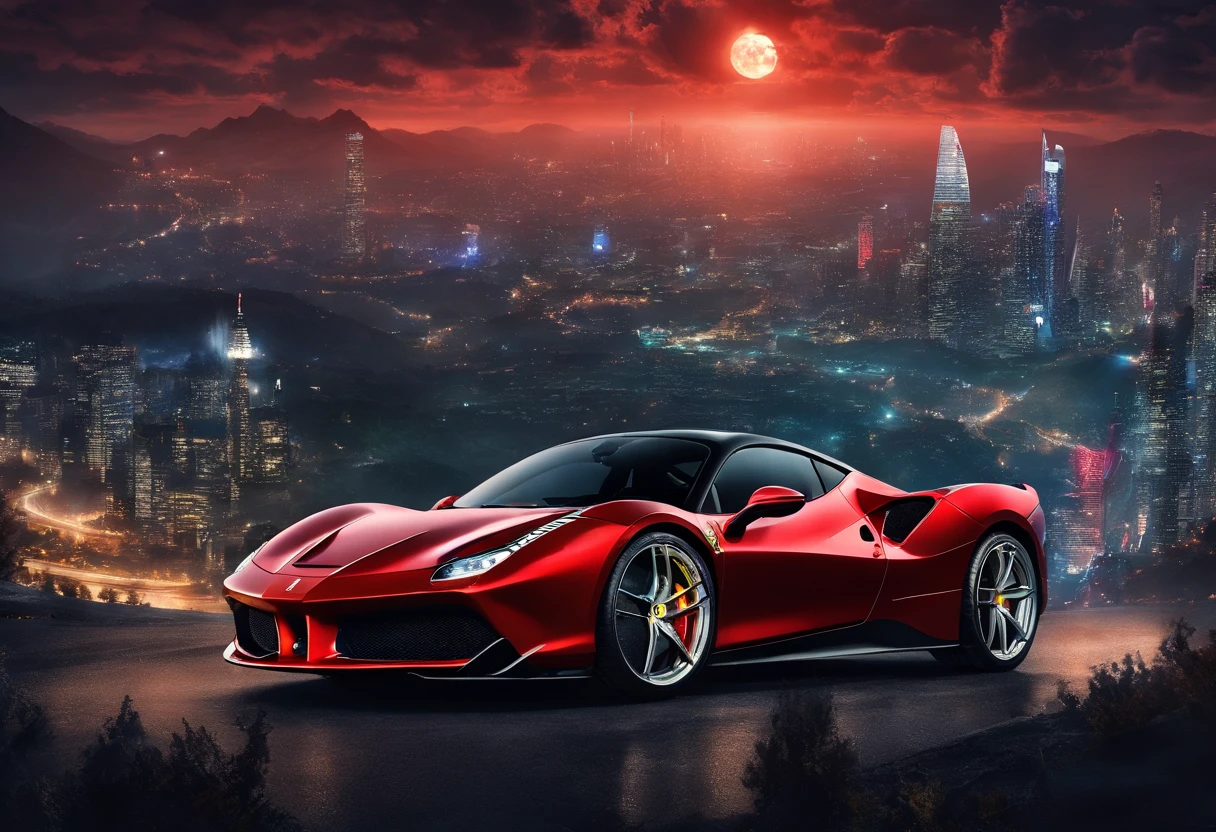 (Best quality, 8k, Masterpiece :1.2), hyper realistic, at a mountain, an detailed red Ferrari 488, Speeding on the highway, (Facing the audience), The blue skyscraper in the background, at night,
