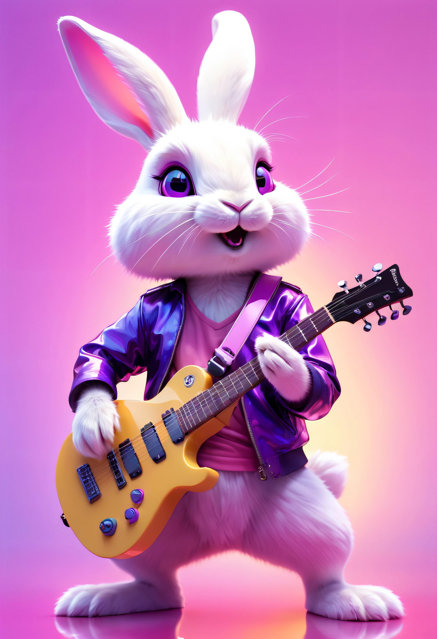 Kawaii's rabbit, In the Frey style, plays the guitar, Cool, Cute, Colorful, Shiny tail, Fantastic character, fang lijun, Light amber and purple, blur art, Pink background