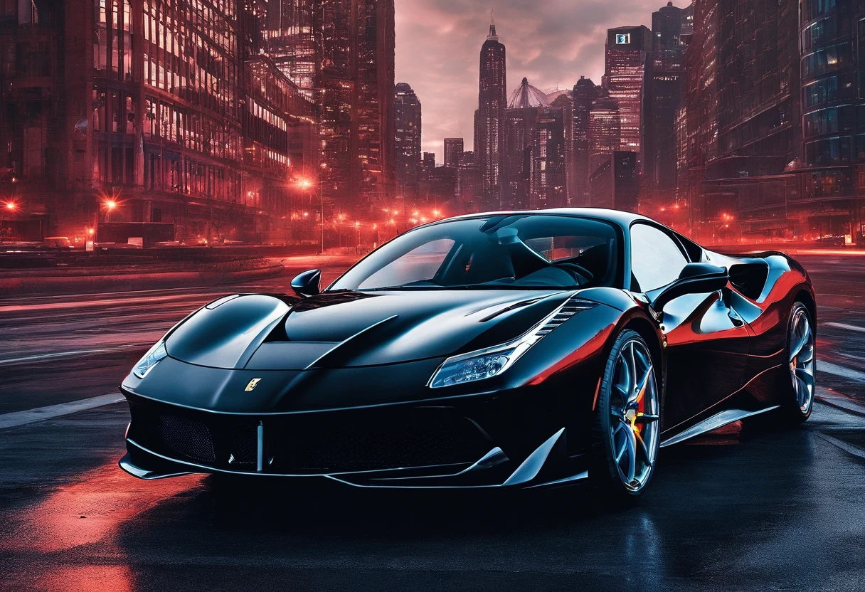 (Best quality, 8k, Masterpiece :1.2), hyper realistic, at a mountain, an detailed red Ferrari 488, Speeding on the highway, (Facing the audience), The blue skyscraper in the background, at night,