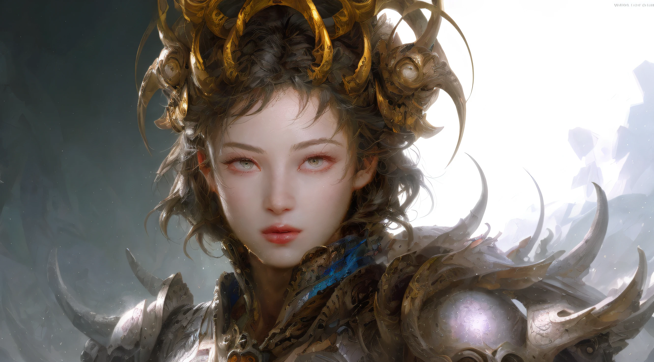 splashart， Female warrior head， （（white backgrounid））， piercing eyes， Epic Instagram， artstation， splash style of colourful paint， contours， Ultra-detailed intricate details， unreal-engine， fantasy， intricately details， splash image， complementary colours， fantasy concept art， 8K分辨率， Deviantart's masterpiece， oil painted， Restroke， paint drips， splashart