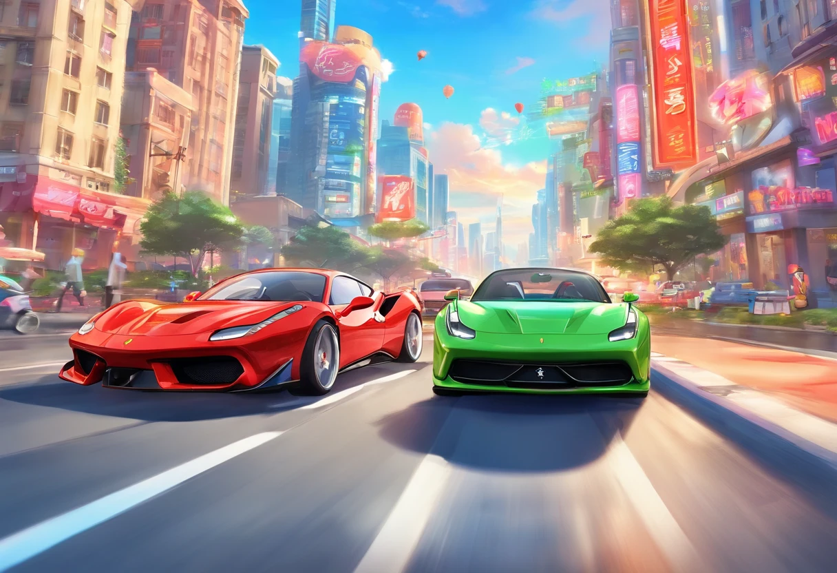 (Best quality, 8k, Masterpiece :1.2), hyper realistic, at a mountain, an detailed red Ferrari 488, Speeding on the highway, (Facing the audience), The blue skyscraper in the background, at night,