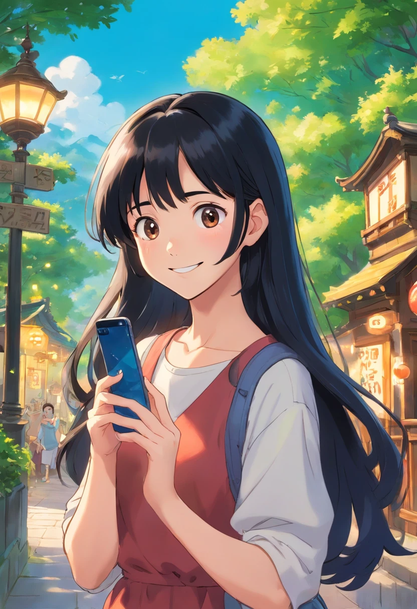 20-year-old woman, long, and black hair, With a depraved face, Wear clothes from the 90s, she's in the park, A smile, Smartphone, (I have a smartphone)