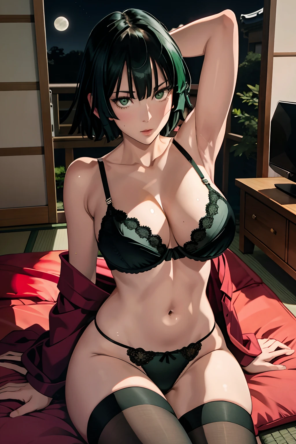 1 Fubuki, Kimono, an lingerie, Nature, Japan environment, Breast, Open armpits, Sitting, japanese bedroom, Black hair, Night light, moon light, Using a bra, Sweating, in front of camera，bodyguard，Make something sexy，looks directly at camera，In a nutshell，perfect bodies ，Green hair，large full breasts, sexy  pose, Sensual milf, Provocation, Interior clothes only, Exitada, Hot, NSFW , ホーニー, String panty bra staring at the chest、cute little、Stockings、Open legs、itting open legs、perspiring、Show the armpits、fully body photo、