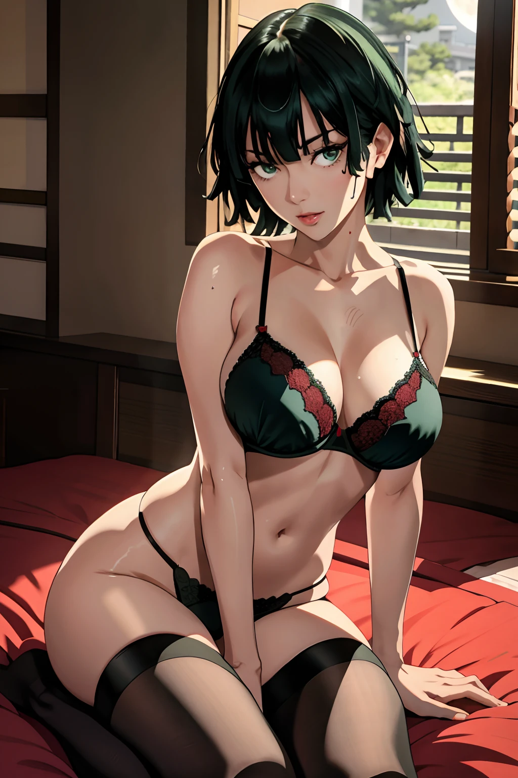 1 Fubuki, Kimono, an lingerie, Nature, Japan environment, Breast, Open armpits, Sitting, japanese bedroom, Black hair, Night light, moon light, Using a bra, Sweating, in front of camera，bodyguard，Make something sexy，looks directly at camera，In a nutshell，perfect bodies ，Green hair，large full breasts, sexy  pose, Sensual milf, Provocation, Interior clothes only, Exitada, Hot, NSFW , ホーニー, String panty bra staring at the chest、cute little、Stockings、Open legs、itting open legs、perspiring、Show the armpits、fully body photo、