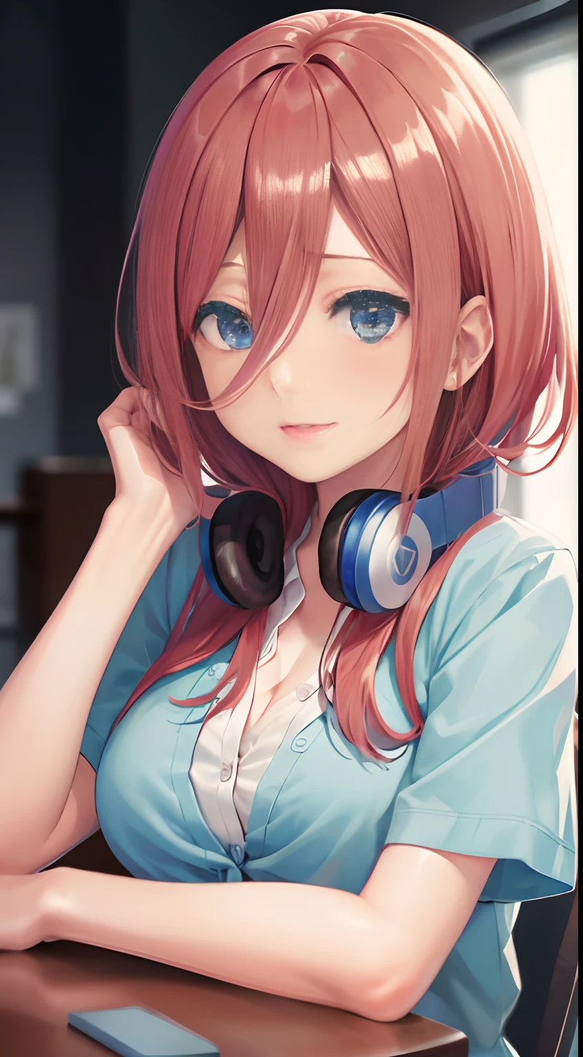 (masterpiece, high quality, high res), Nakano Miku (quintessential quintuplets), headphones on, face palm,sitting on office chair desk,shrug face,cute detailed face,unbuttoned shirt,slightly visible cleavage,hot atmosphere,classic office background,transparent large windows, anime version, (HDR,UHD,studio lighting,ultra-fine painting,sharp focus,physically-based rendering,extreme detail description,professional,vivid colors,bokeh),portraits,black and white,vibrant colors,soft lighting, detailed face