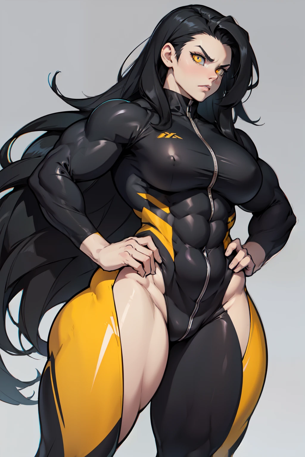 ((grey background)) pale skin black hair yellow eyes (very long hair) angry ((1 girl muscular toned body bodybuilder curvy wide hips thick thighs)) standing bodysuit