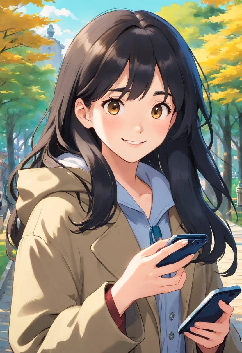 20-year-old woman, long, and black hair, With a depraved face, Wear a khaki coat, she's in the park, A smile, Smartphone, (I have a smartphone)