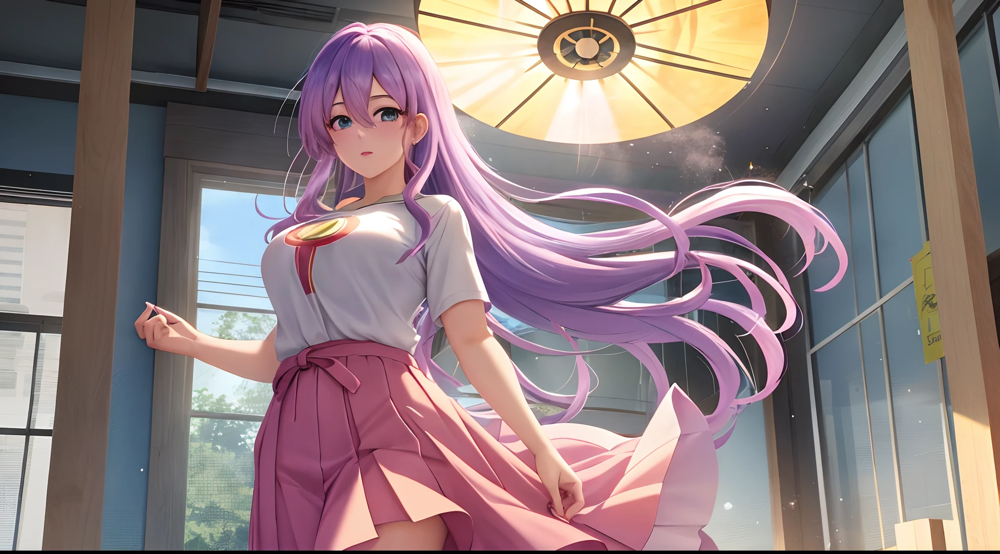 Athena with plain long light purple hair,hair between eyes,green eyes,rosy cheeks,full lips,thin eyebrows,slender body,wearing dragon ball super son goku t-shirt and full long skirt,praying beads on neck,cute anime girl,full body,classroom in background,anime style,Lumen Reflections,Screen Space Reflections,Diffraction Grading,Chromatic Aberration,GB Displacement,Scan Lines,Ray Traced,Anti-Aliasing,FXAA,TXAA,RTX,SSAO,Shaders,OpenGL-Shaders, GLSL-Shaders,Post Processing,Post-Production,cell Shading,Tone Mapping,CGI,VFX,SFX,insanely detailed and intricate, 4K,standing, solo, masterpiece, best quality, detailed face, detailed eyes, highres, standing, solo,masterpiece, best quality