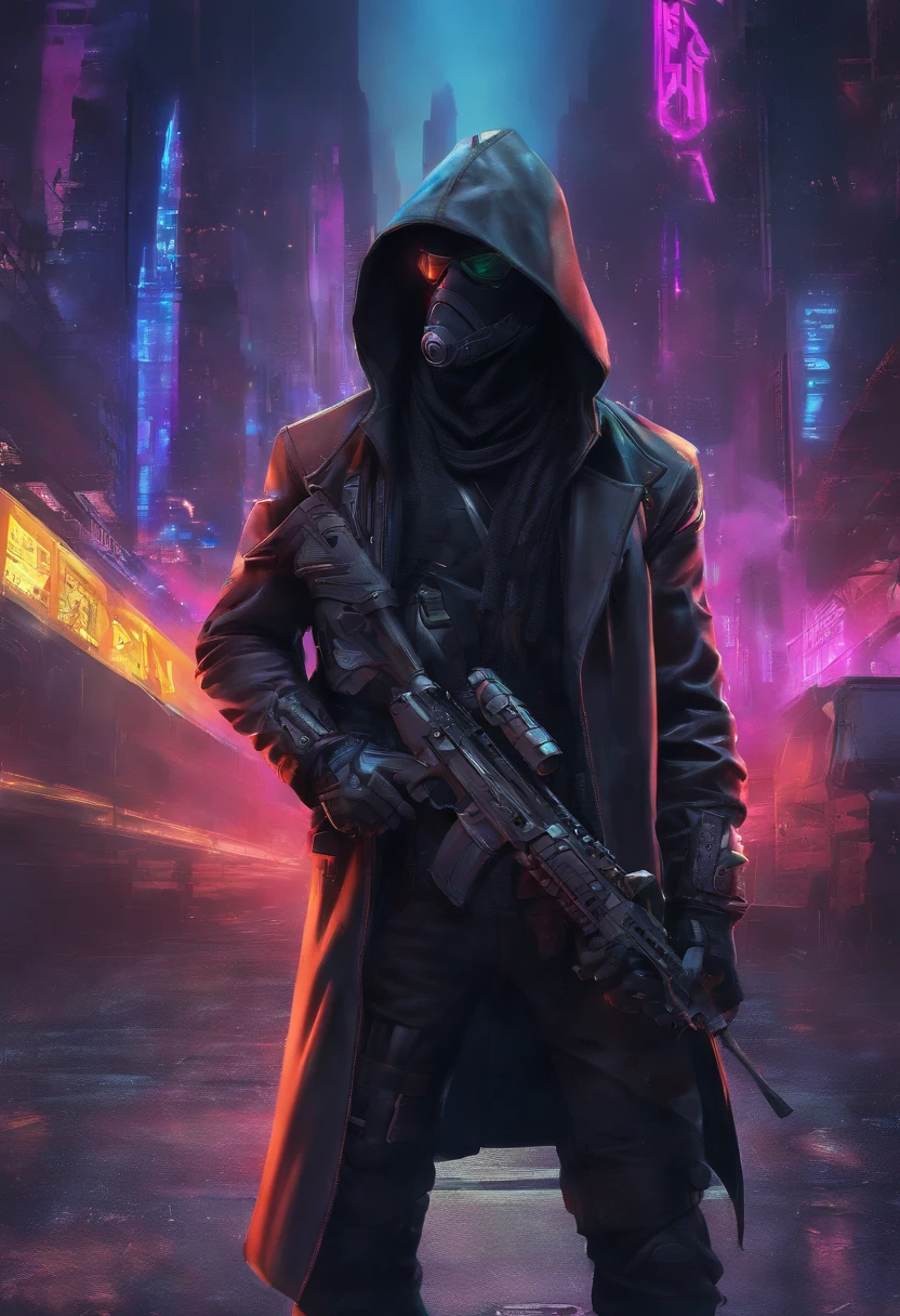 (Best Quality,hight resolution,Ultra-detailed,Realistic:1.2),(Man with black hood and gun)Cartoon anthropomorphic miniature schnauzer dog , Brown-eyed, Crackling energy, Futuristic concept, Vivid colors, Glowing neon lights, impressive physique, powerful stance, Cyberpunk style, metal texture, industrial setting, cityscapebackground