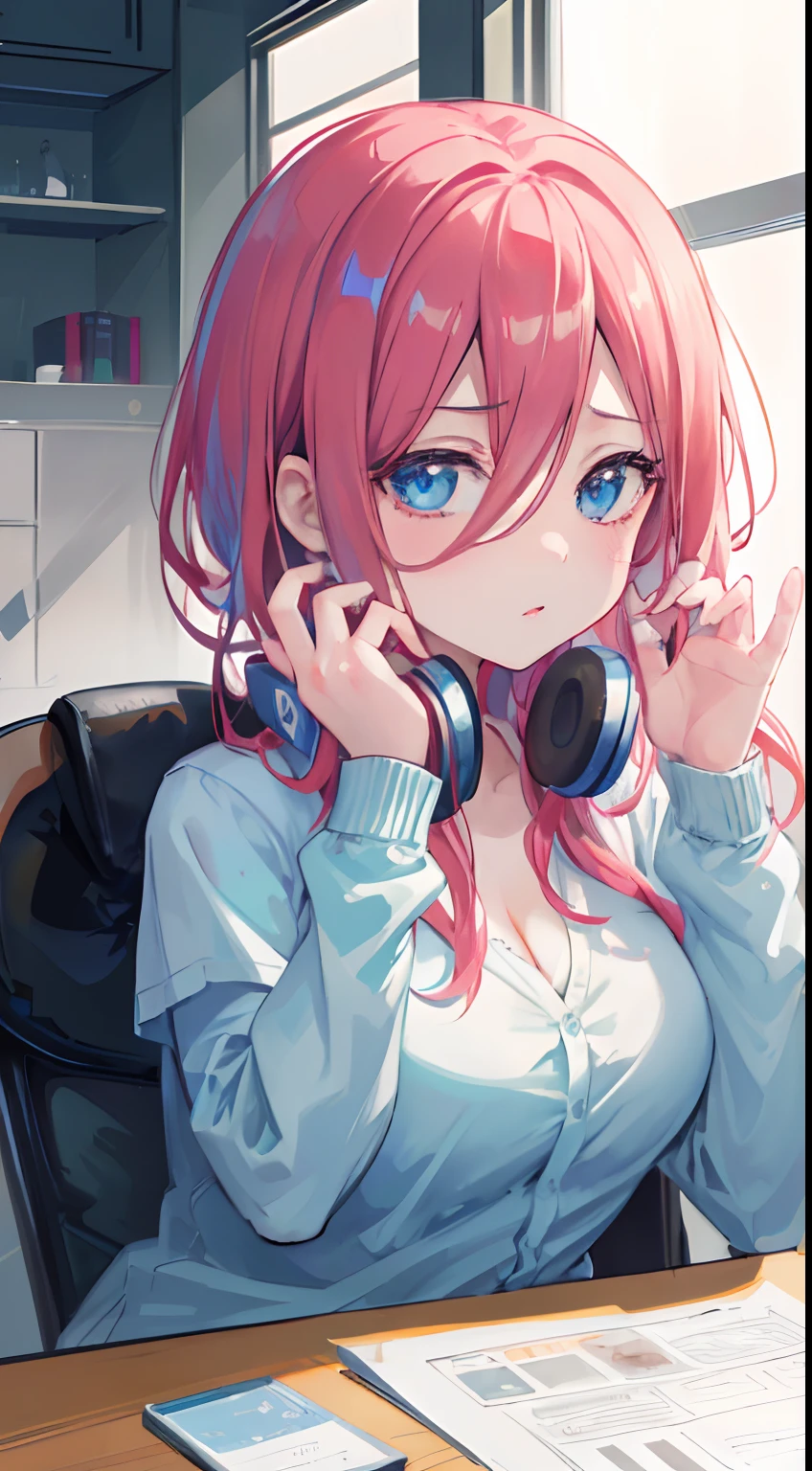 (masterpiece, high quality, high res), Nakano Miku (quintessential quintuplets), headphones, face palm,sitting on office chair desk,shrug face,cute detailed face,unbuttoned shirt,slightly visible cleavage,hot atmosphere,classic office background,transparent large windows, anime version, (HDR,UHD,studio lighting,ultra-fine painting,sharp focus,physically-based rendering,extreme detail description,professional,vivid colors,bokeh),portraits,black and white,vibrant colors,soft lighting.
