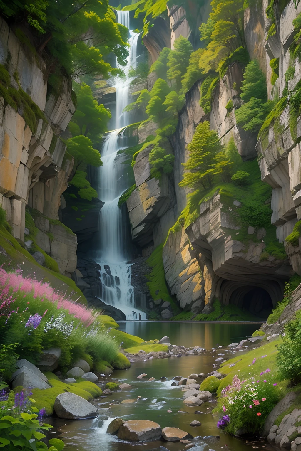 Between mountains, There is a waterfall flowing down the middle, steins, water bloom. wildflowers, ancient wood,
