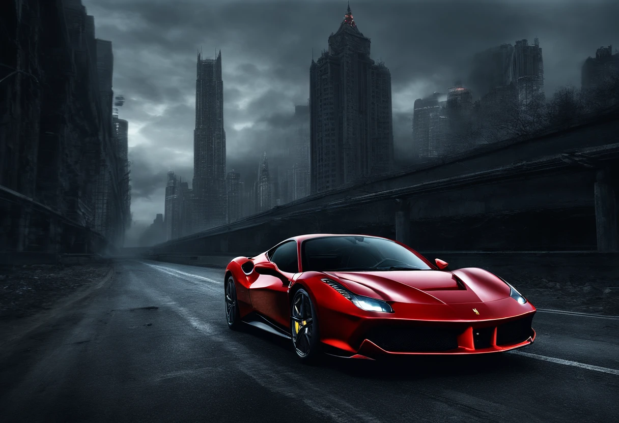 (Best quality, 8k, Masterpiece :1.2), hyper realistic, at a mountain, an detailed red Ferrari 488, Speeding on the highway, (Facing the audience), The blue skyscraper in the background, at night,