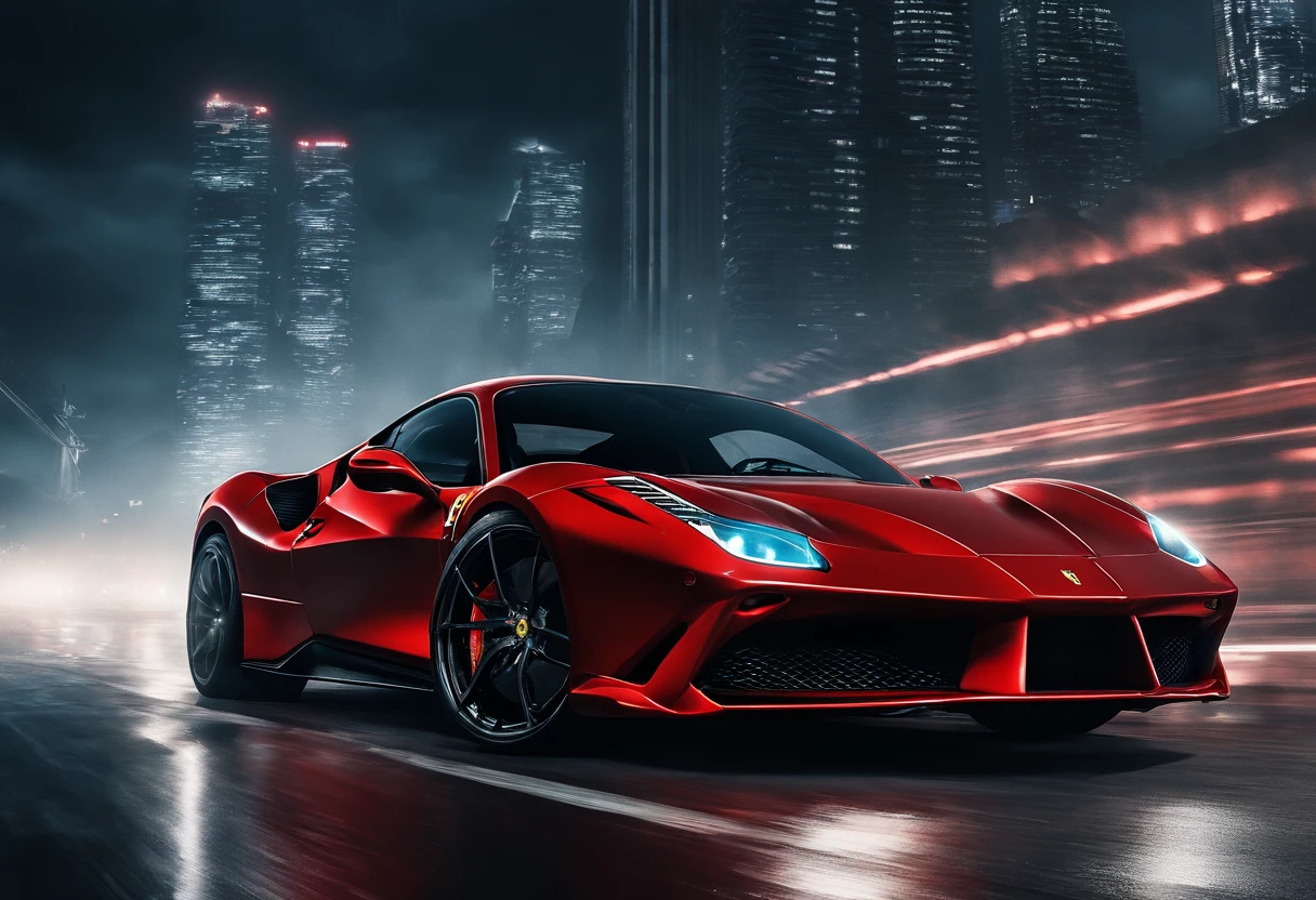 (Best quality, 8k, Masterpiece :1.2), hyper realistic, at a mountain, an detailed red Ferrari 488, Speeding on the highway, (Facing the audience), The blue skyscraper in the background, at night,