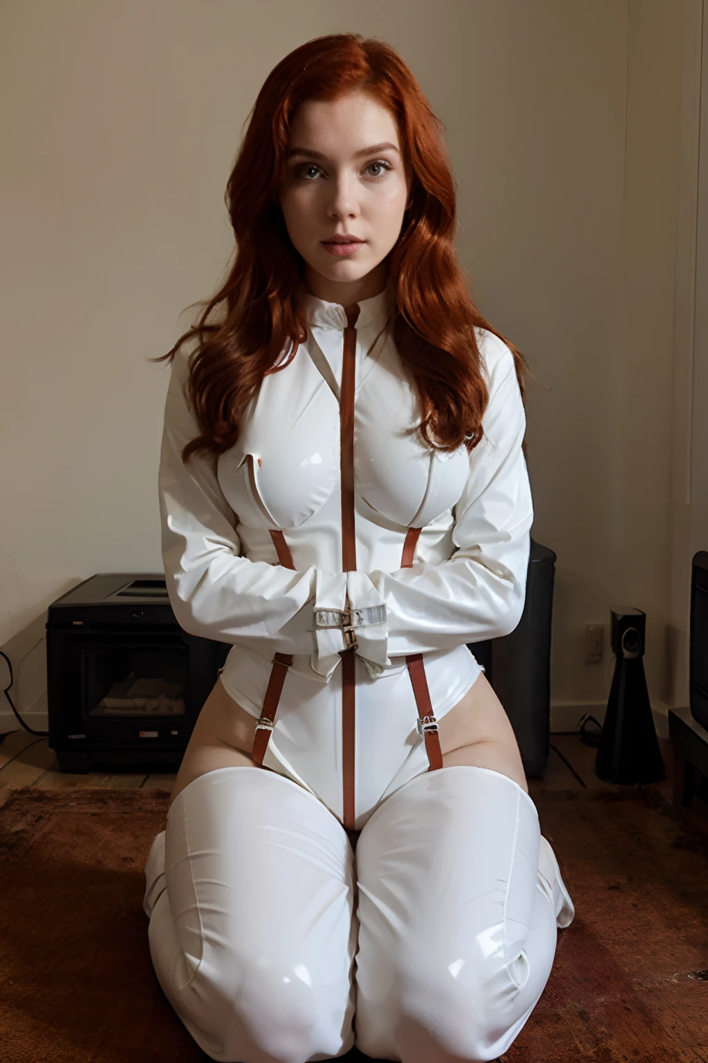 gorgeous late 20s pin-up model, long red hair, white latex, bound in straitjacket, no hands, no fingers, kneeling knees together, 4k