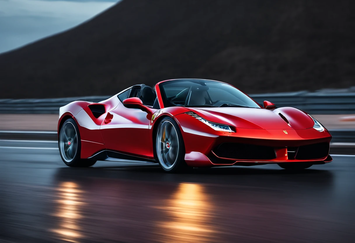 (Best quality, 8K, Masterpiece :1.2), Ultra photo realsisim, onthe mountain, Detailed red Ferrari 488, Speeding on highways, (Facing the audience), Blue skyscraper in background, At night,