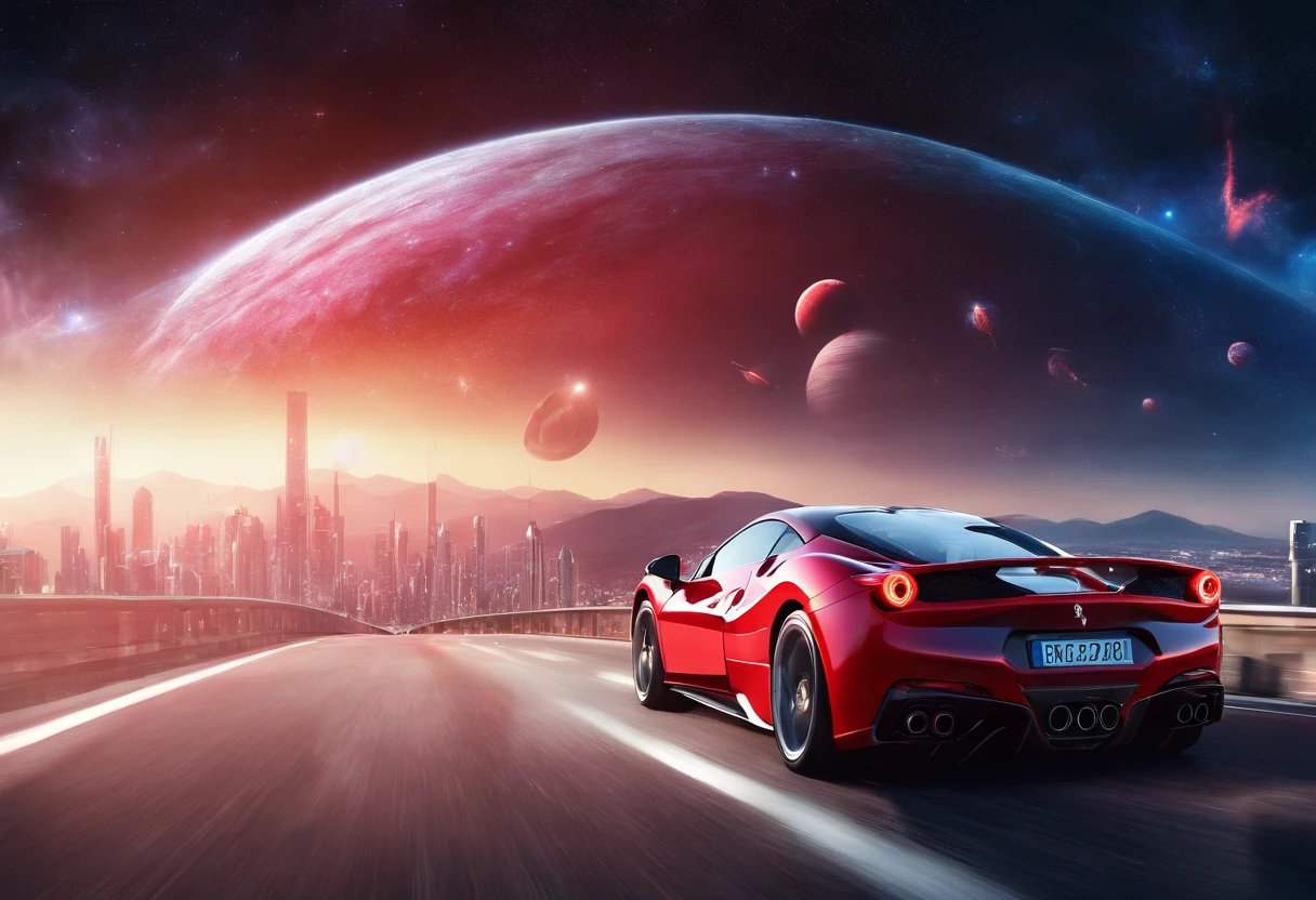 (Best quality, 8k, Masterpiece :1.2), hyper realistic, at a mountain, an detailed red Ferrari 488, Speeding on the highway, (Facing the audience), The blue skyscraper in the background, at night,