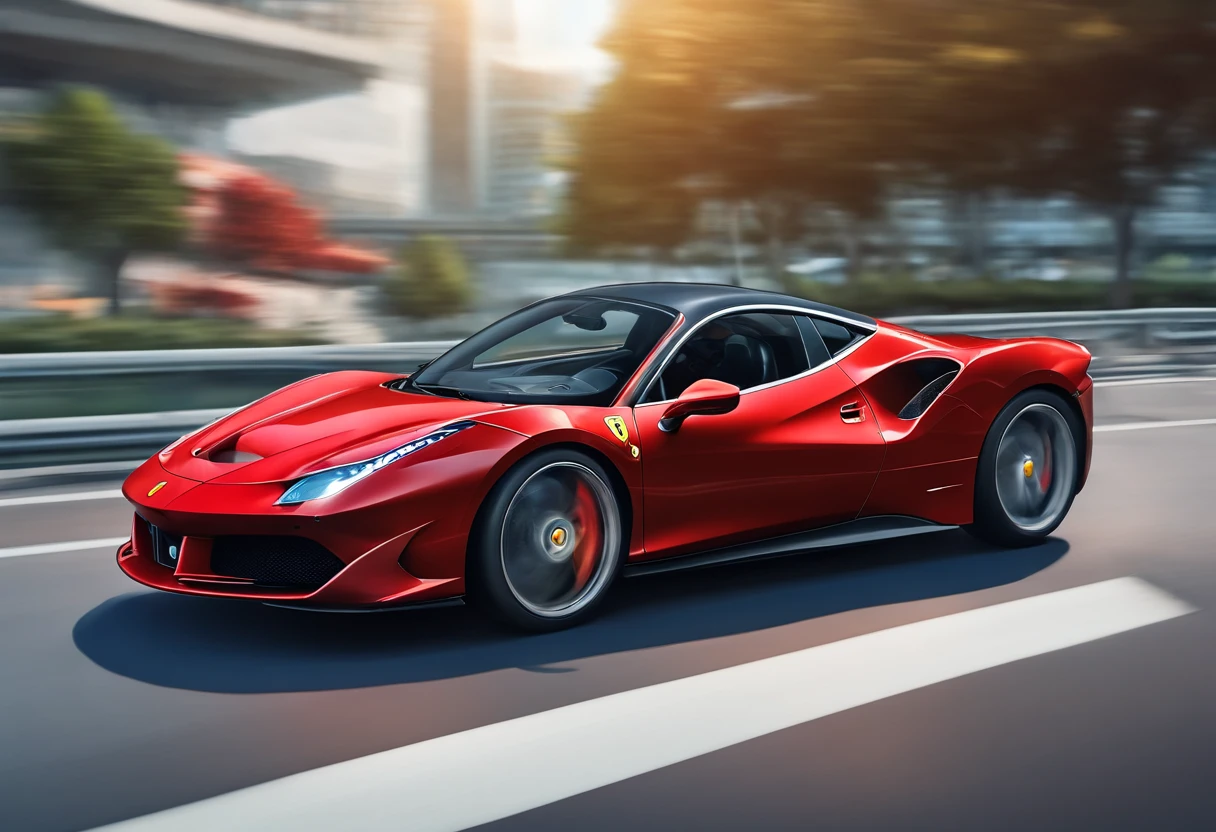 (Best quality, 8k, Masterpiece :1.2), hyper realistic, at a mountain, an detailed red Ferrari 488, Speeding on the highway, (Facing the audience), The blue skyscraper in the background, at night,