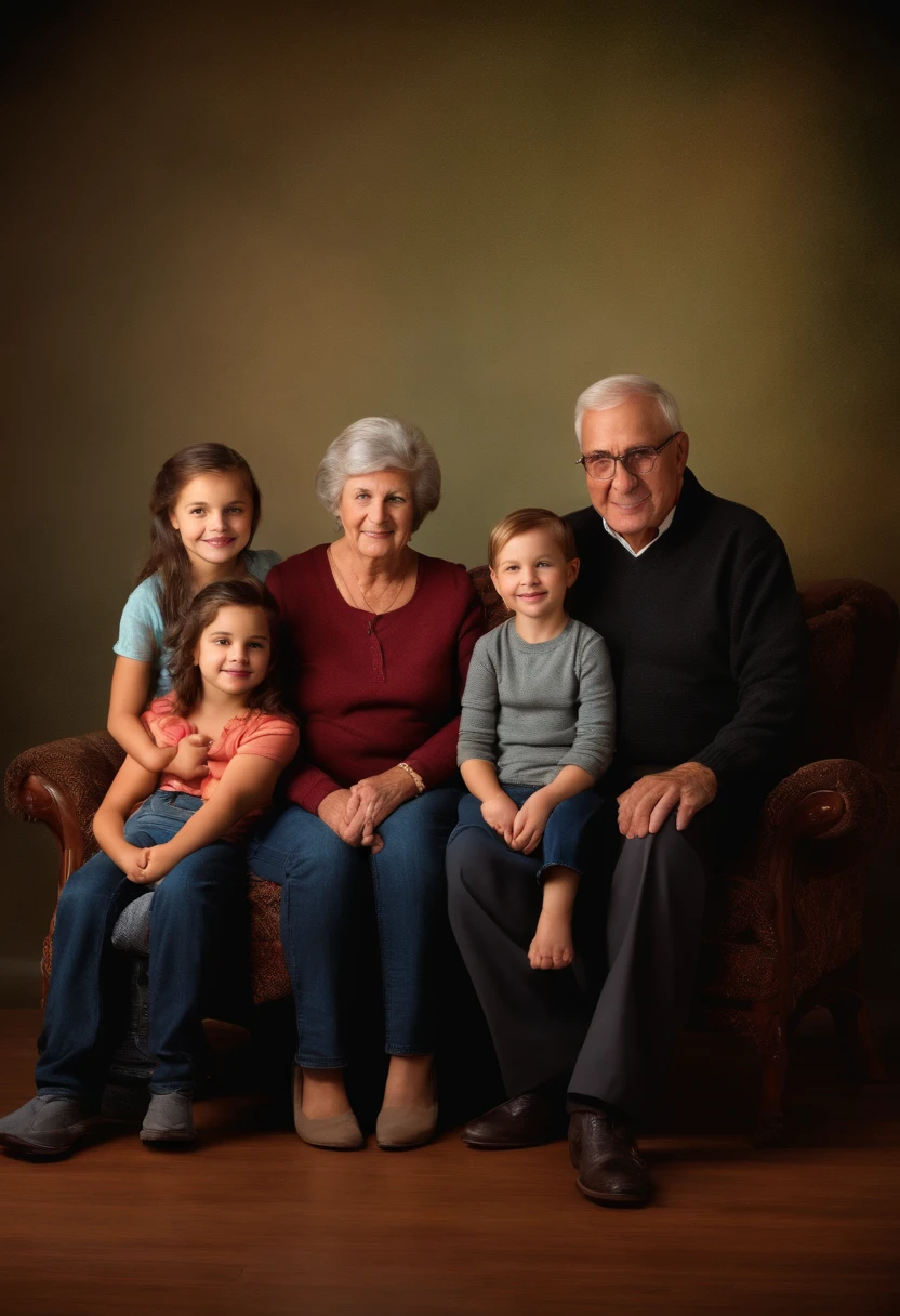 Family of readers, grandmother, grandfather, father, mother and children readers, sitting down for a family photograph