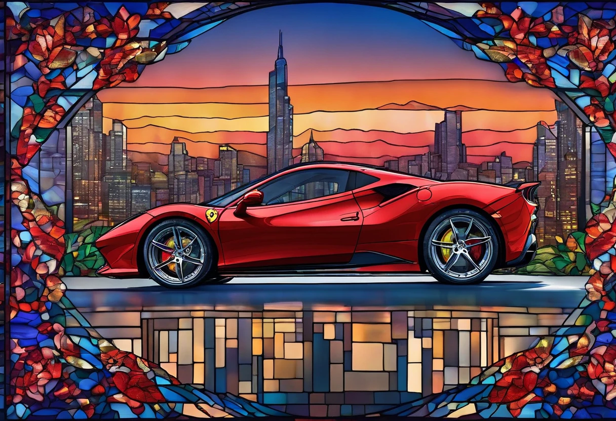 (Best quality, 8k, Masterpiece :1.2), hyper realistic, at a mountain, an detailed red Ferrari 488, Speeding on the highway, (Facing the audience), The blue skyscraper in the background, at night,