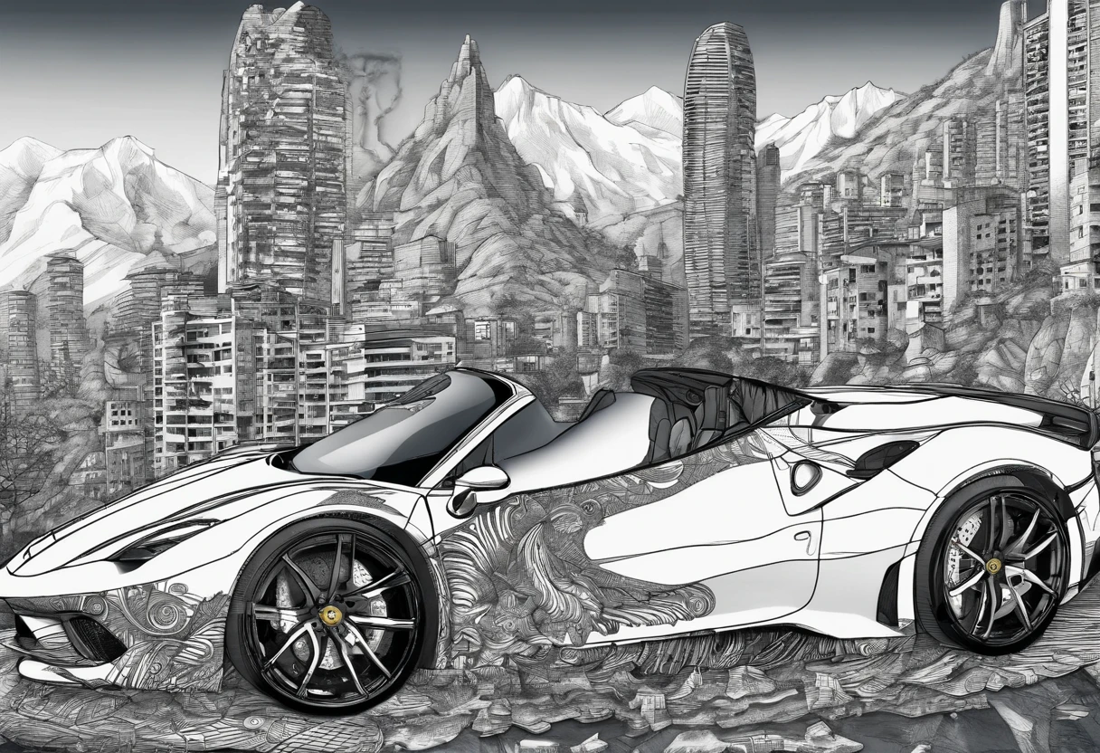 (Best quality, 8K, Masterpiece :1.2), Ultra photo realsisim, onthe mountain, Detailed red Ferrari 488, Speeding on highways, (Facing the audience), Blue skyscraper in background, At night,