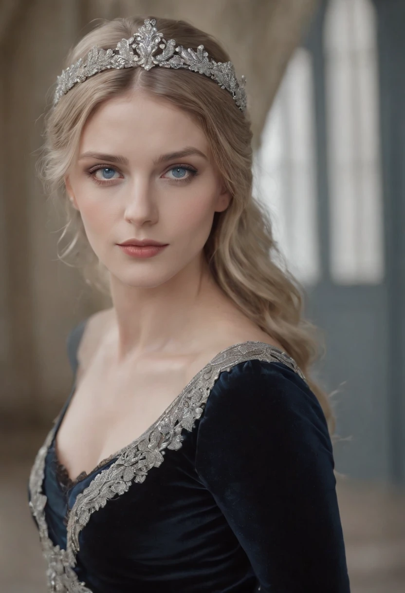 Full-body shot of a noble female in her 20s, inspired by Melanie Laurent, silver circlet, black modern royal clothes with silver details, bright silvery blue eyes and pale white skin, ultra sharp focus, realistic shot, in modern royal setting,