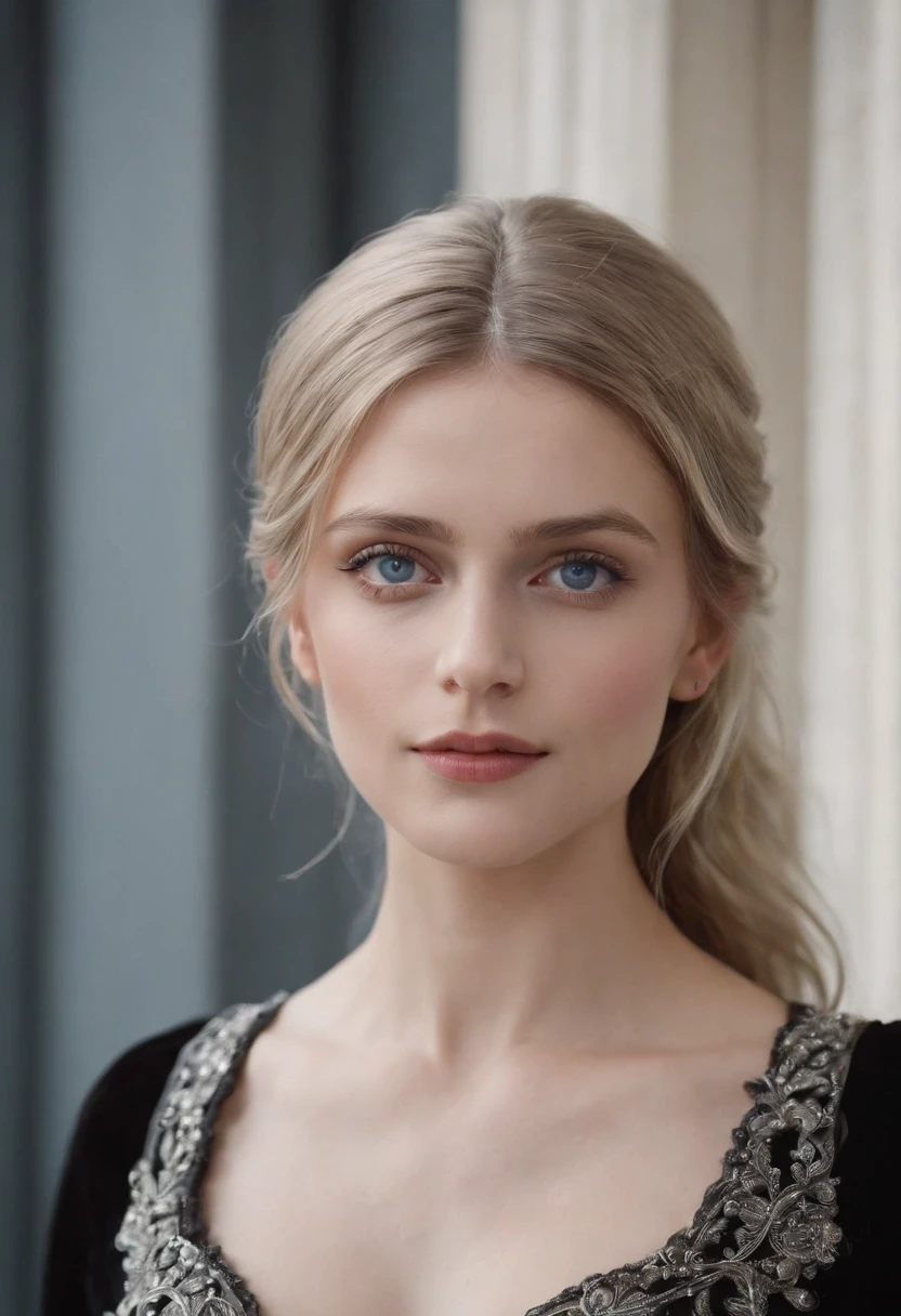 Full-body shot of a noble female in her 20s, inspired by Melanie Laurent, silver circlet, black modern royal clothes with silver details, bright silvery blue eyes and pale white skin, ultra sharp focus, realistic shot, in modern royal setting,