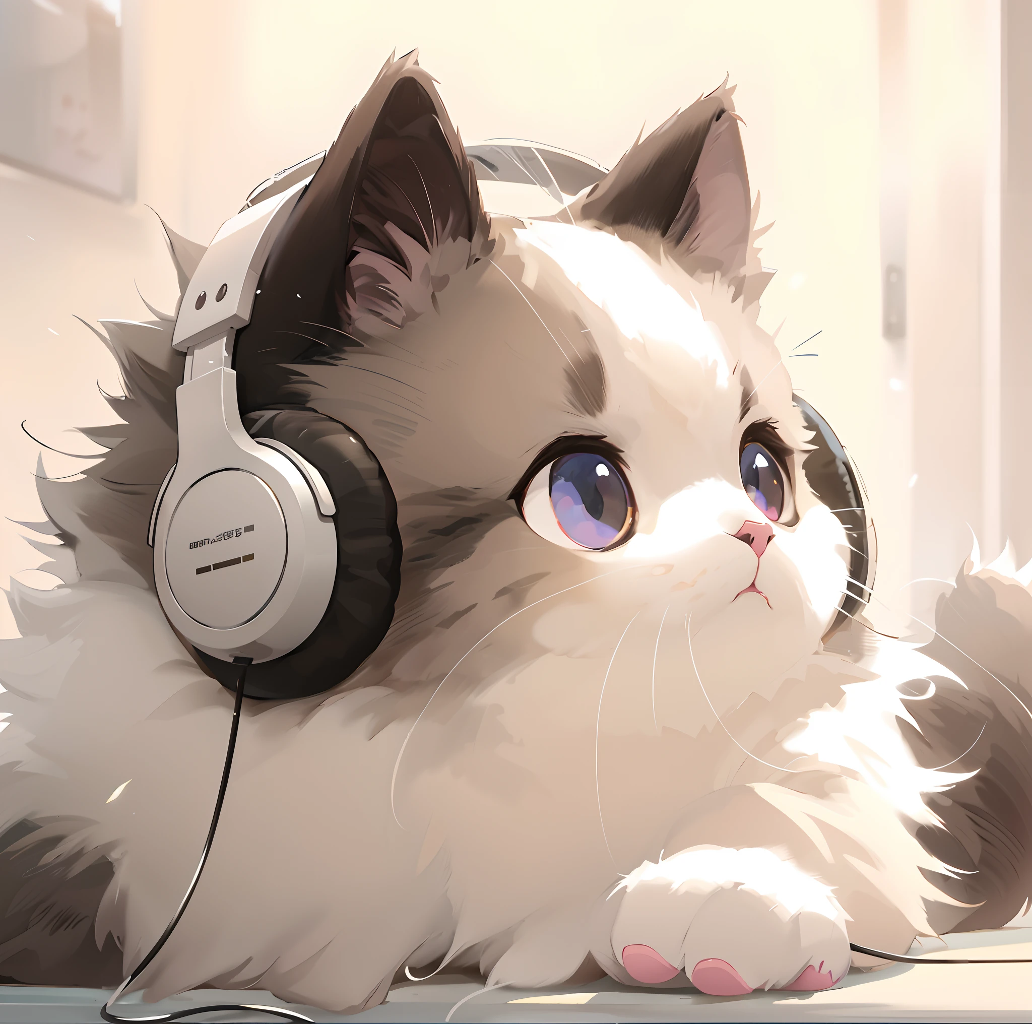 There was a cat with headphones lying on the windowsill, anime cat, anime visual of a cute cat, realistic anime cat, wearing cat ear headphones, The earphone is engraved with a cute digital painting of "Brother Yulang", Cute detailed digital art, Very beautiful and cute cat man, Kawaii cat, Cute anime cat man, style of anime4 K, Cute anime, adorable digital art, Beautiful anime cat man